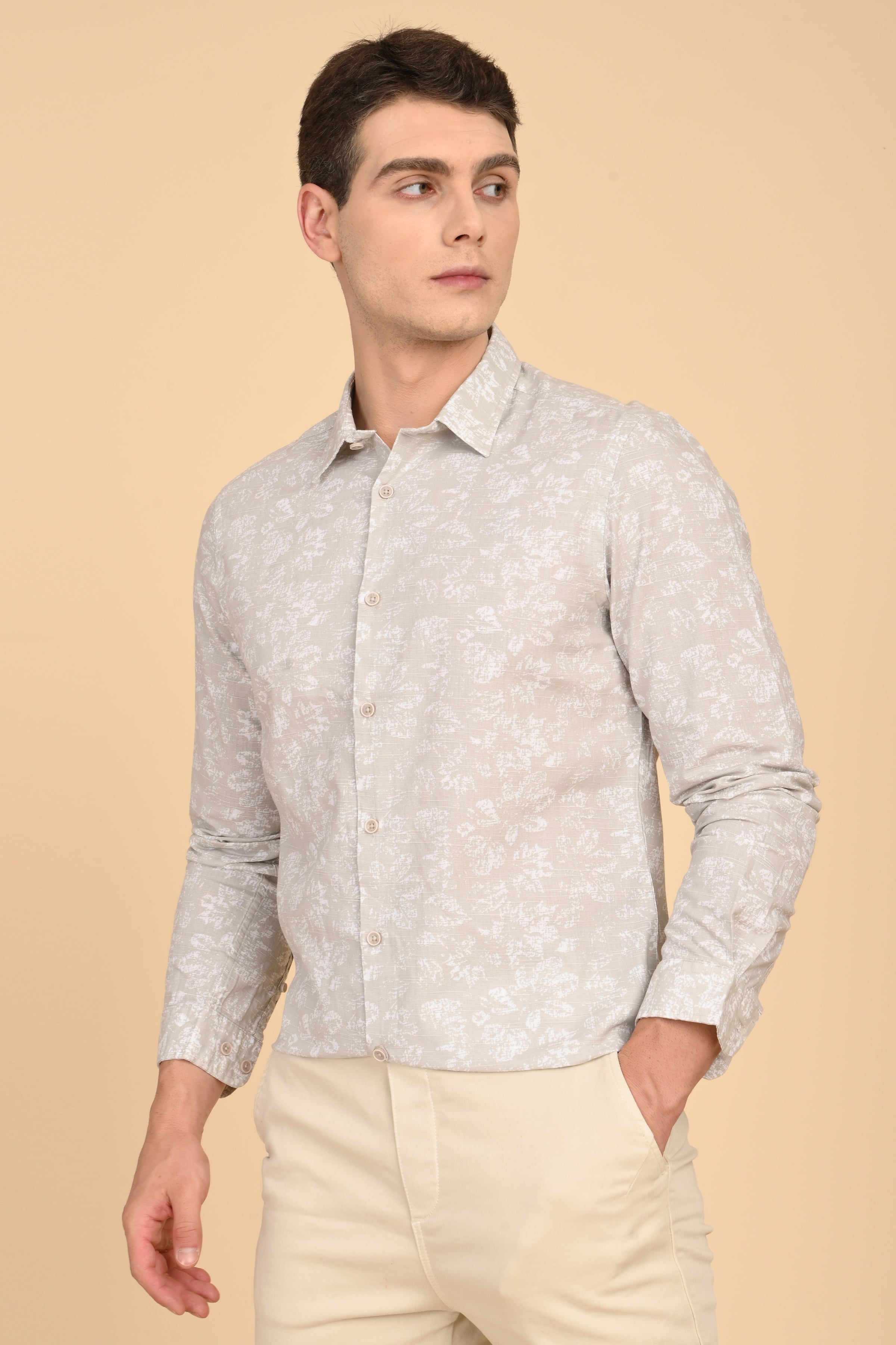 Men Mitchell Cotton Linen Printed Shirt Beige