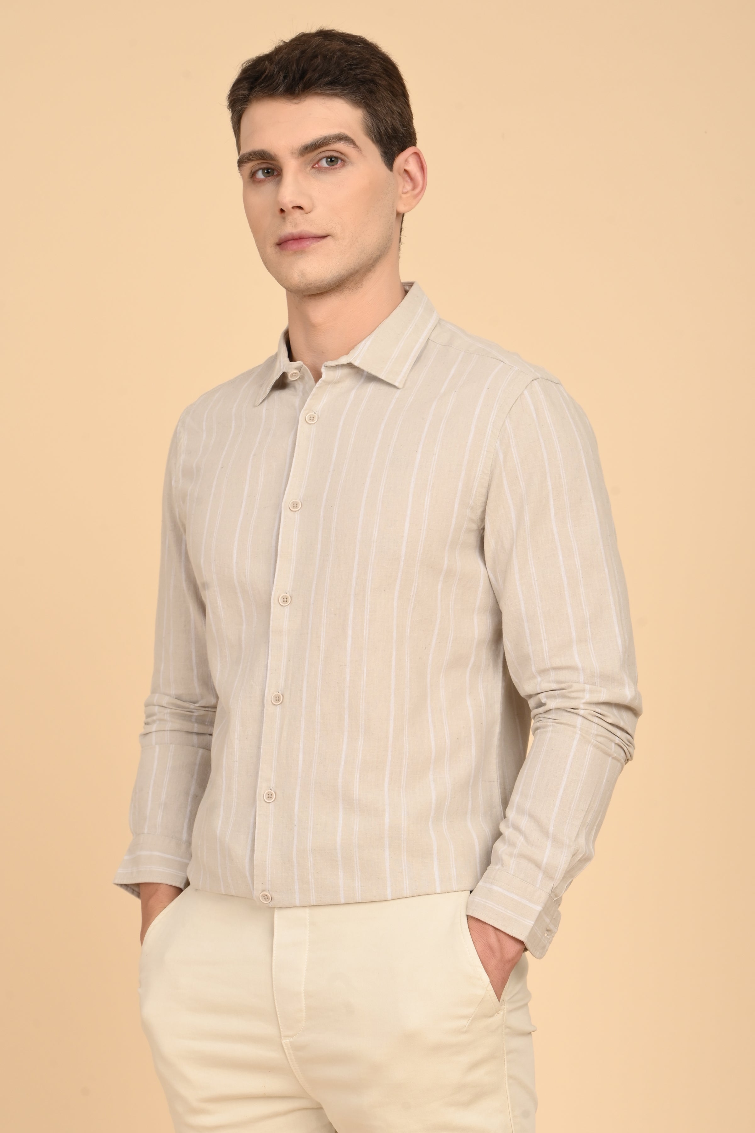 Men Newton Cotton Linen Striped Shirt Pista