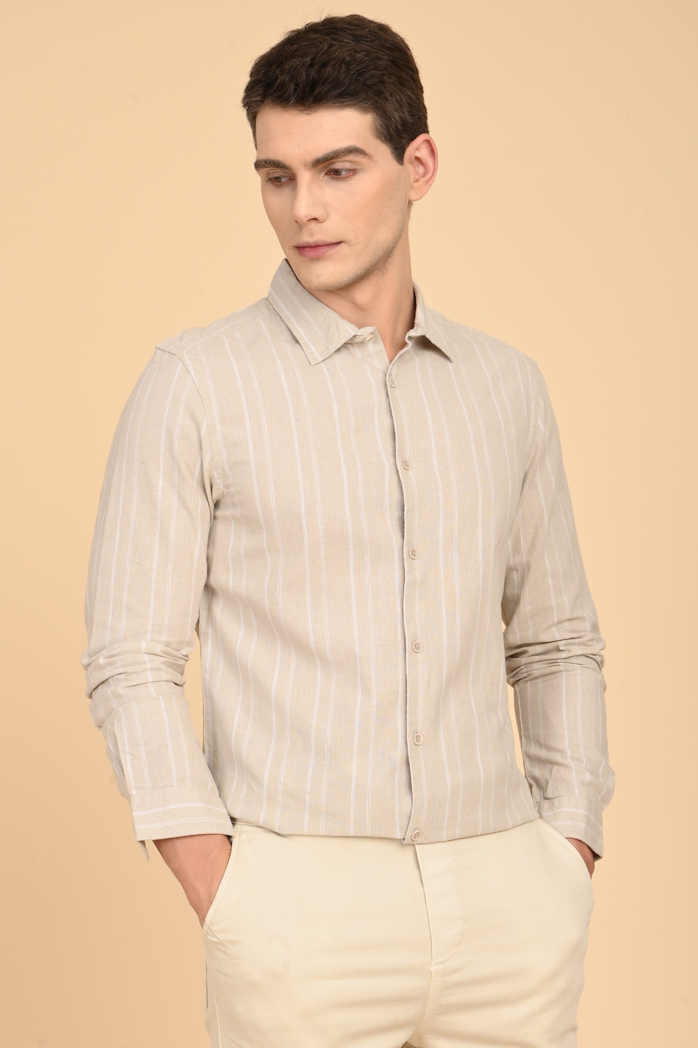 Men Newton Cotton Linen Striped Shirt Pista
