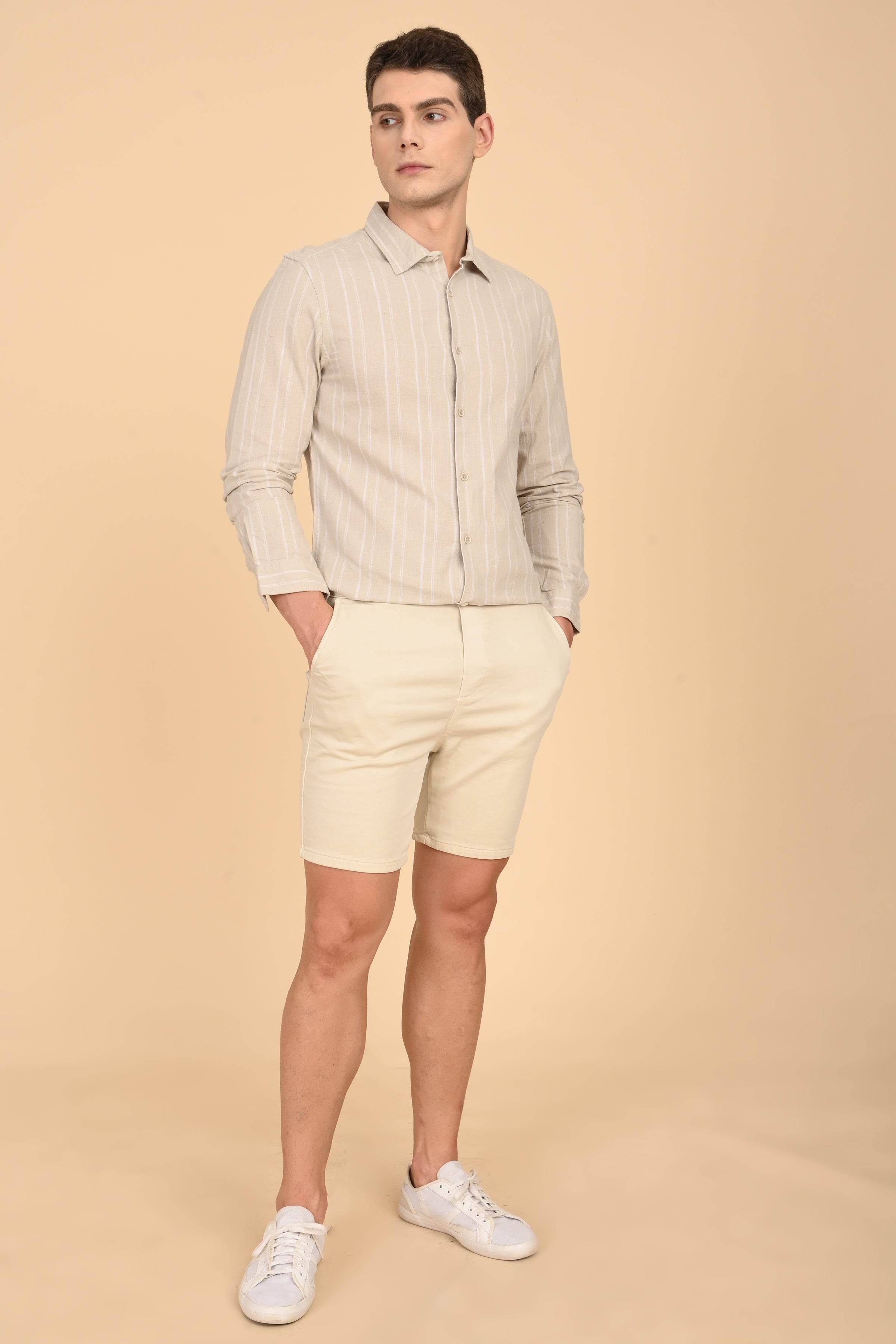 Men Newton Cotton Linen Striped Shirt Pista