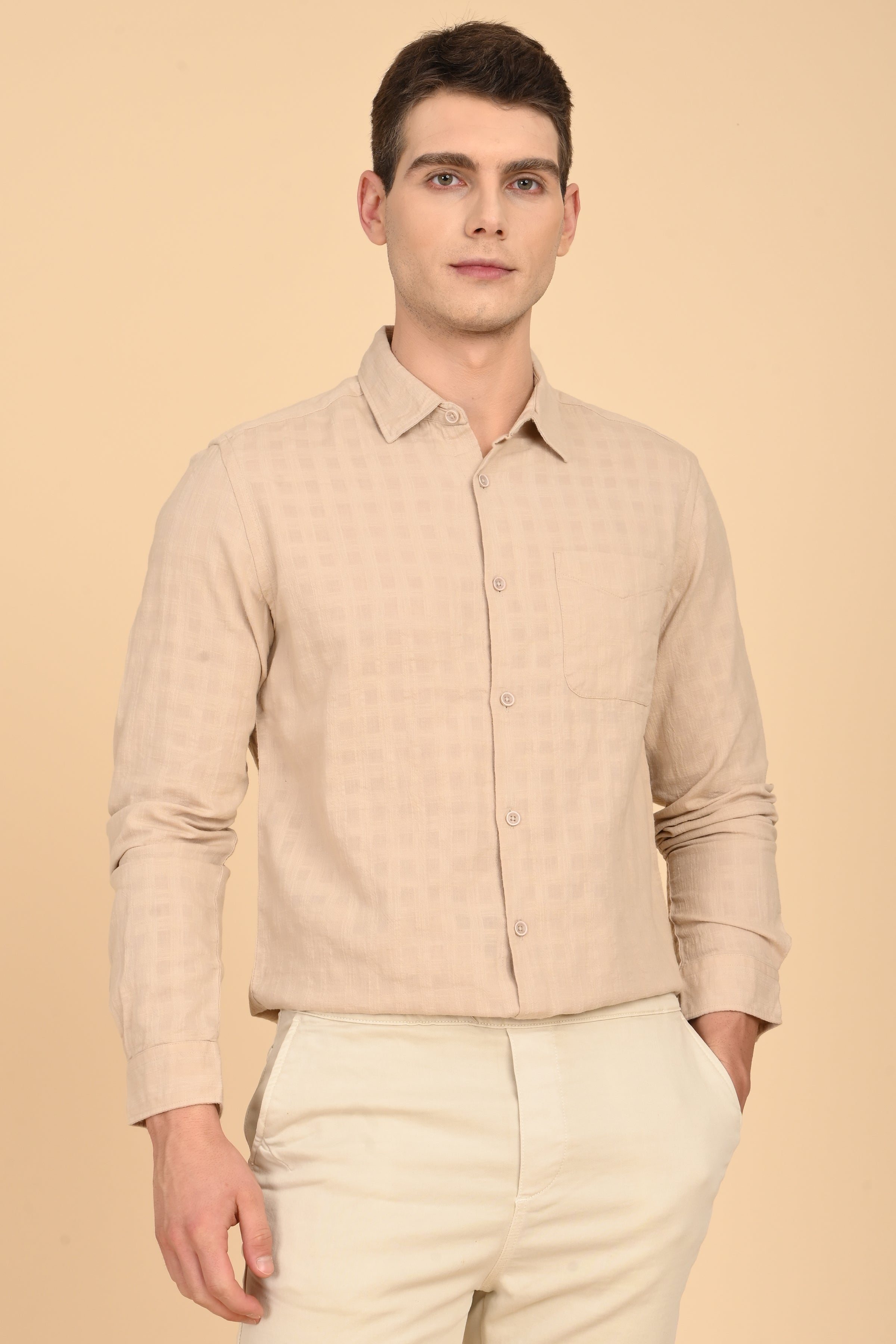 Men Milon Structured Slub Solid Shirt Beige
