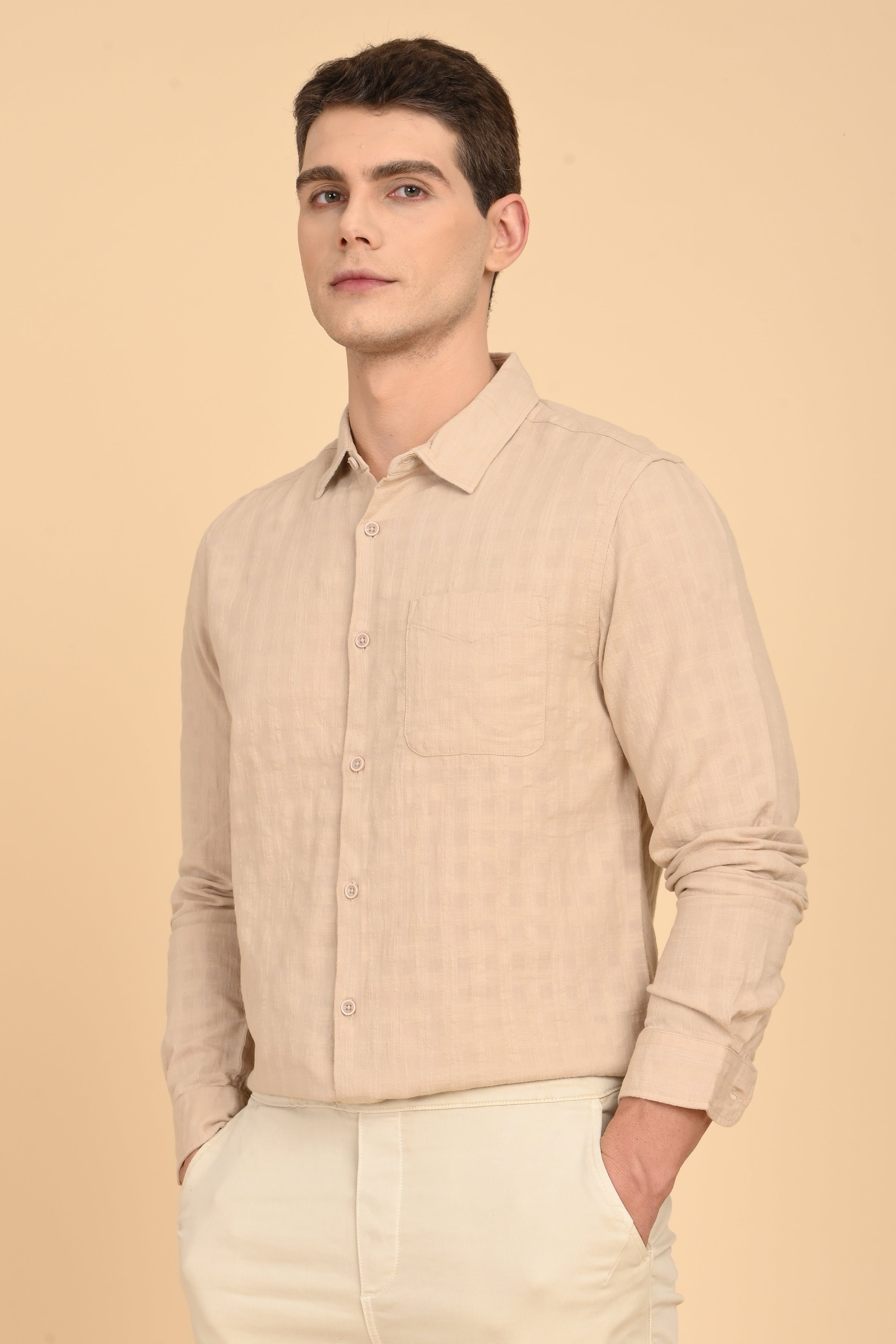 Men Milon Structured Slub Solid Shirt Beige