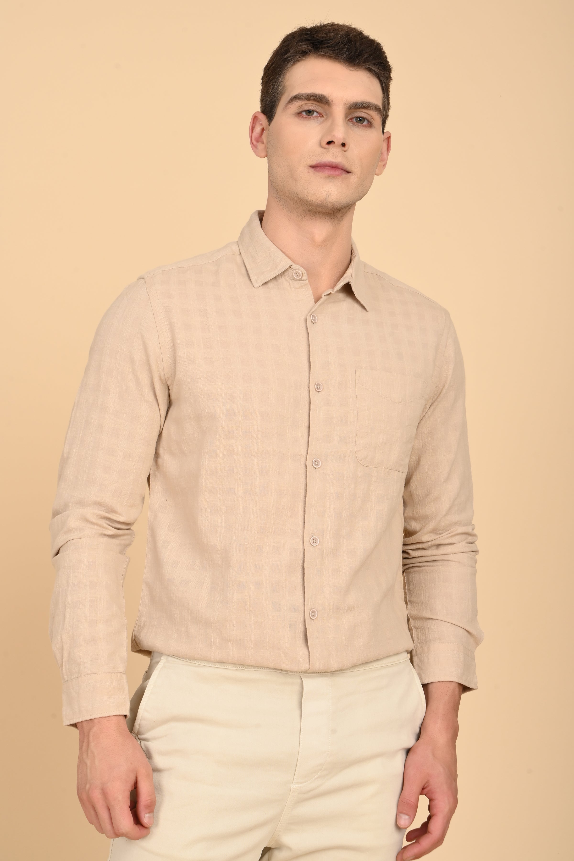 Men Milon Structured Slub Solid Shirt Beige
