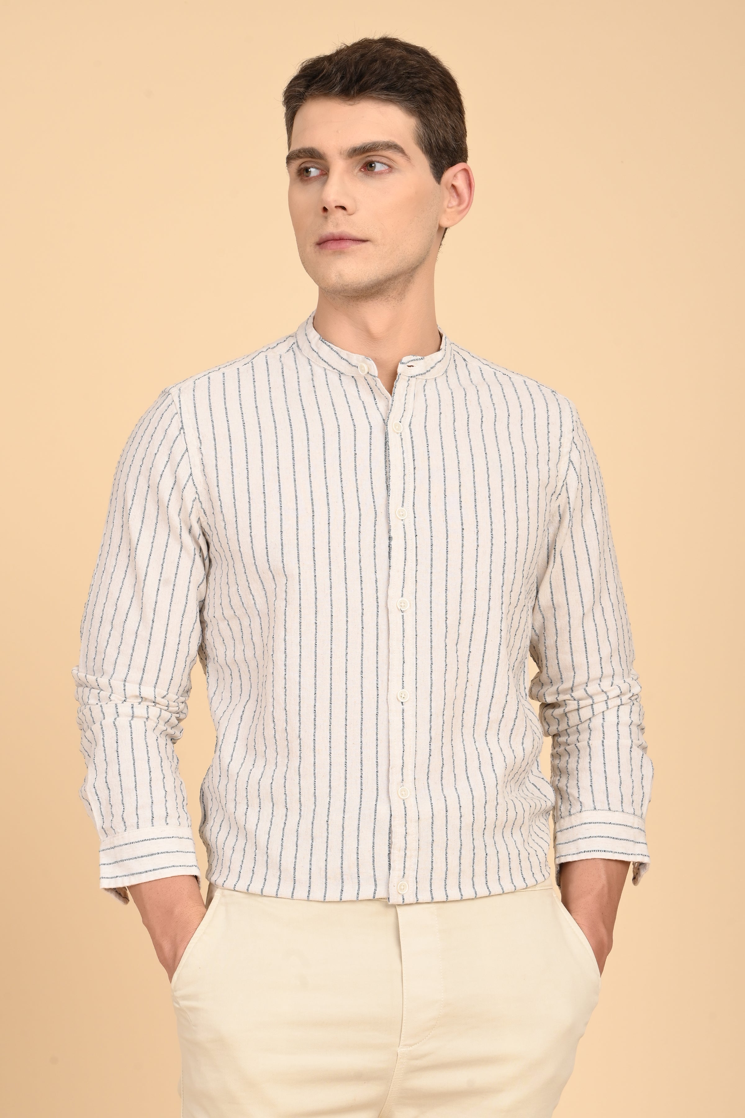 Men Cindy Natural Seersucker Striped Shirt Navy