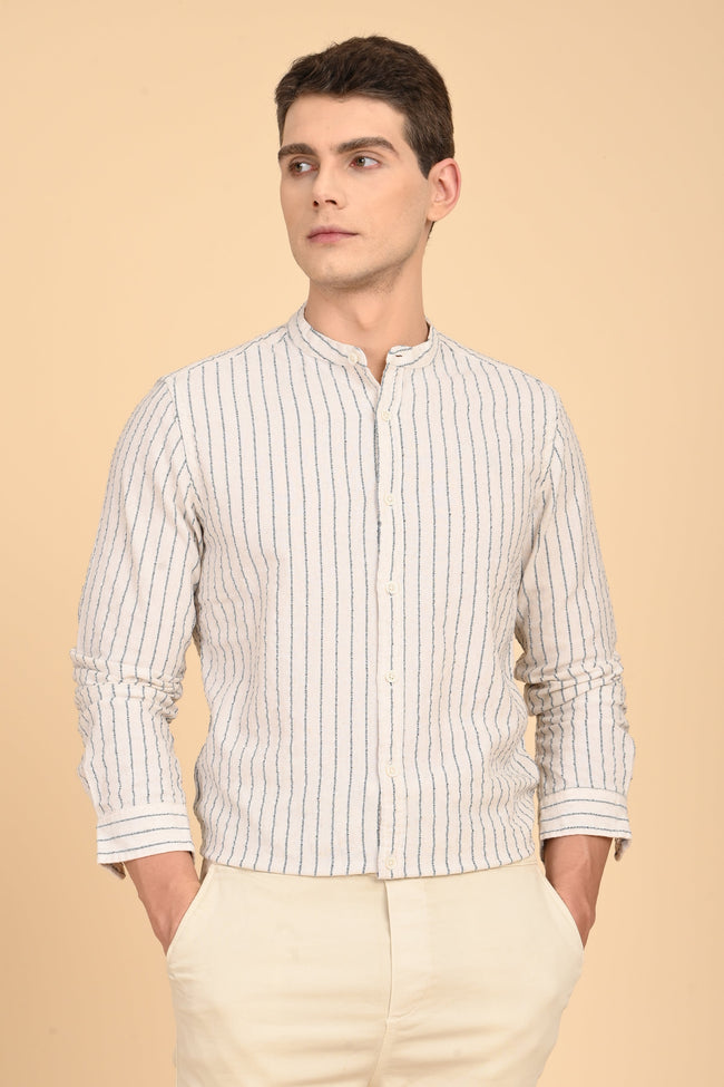 Men Cindy Natural Seersucker Striped Shirt Navy
