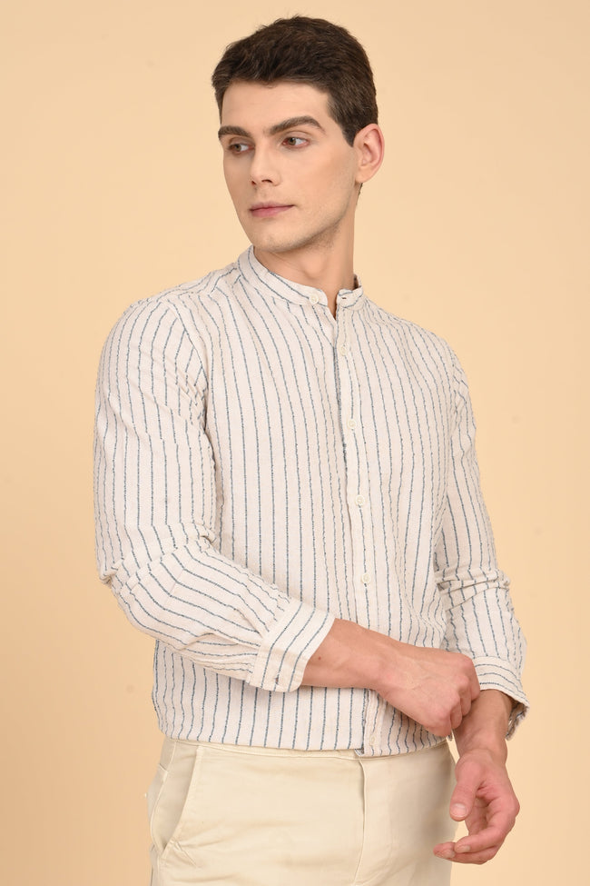 Men Cindy Natural Seersucker Striped Shirt Navy