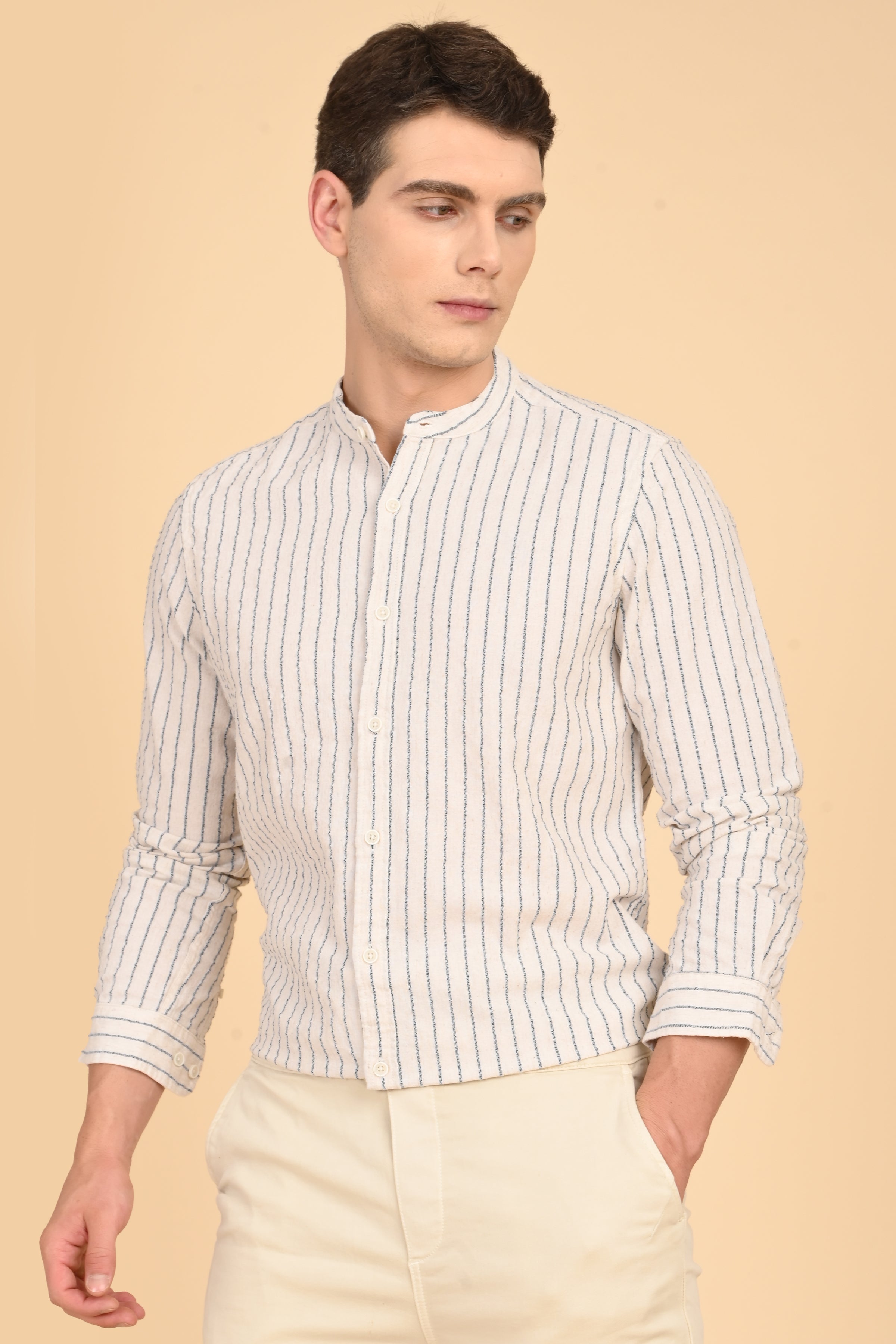 Men Cindy Natural Seersucker Striped Shirt Navy
