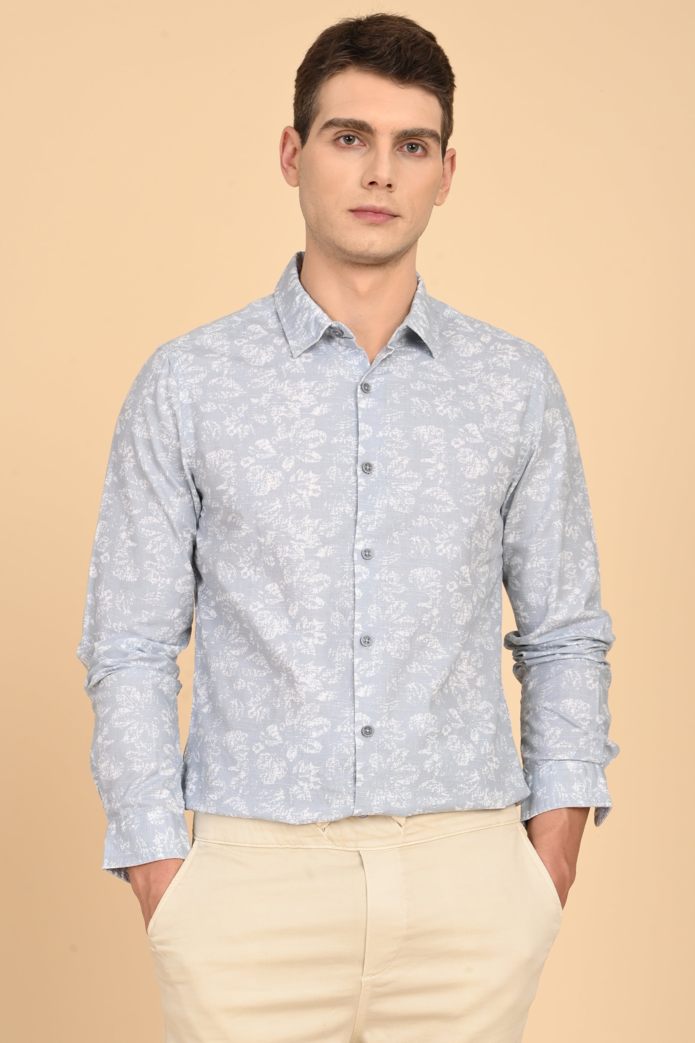 Men Mitchell Cotton Linen Printed Shirt Lt Grey