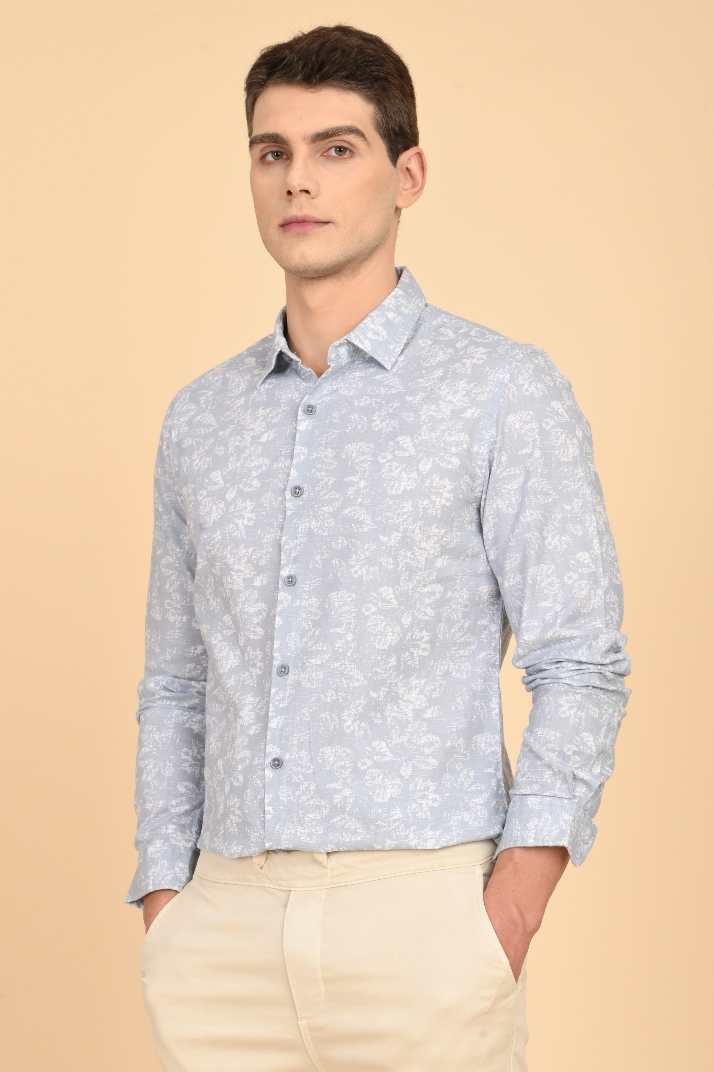 Men Mitchell Cotton Linen Printed Shirt Lt Grey