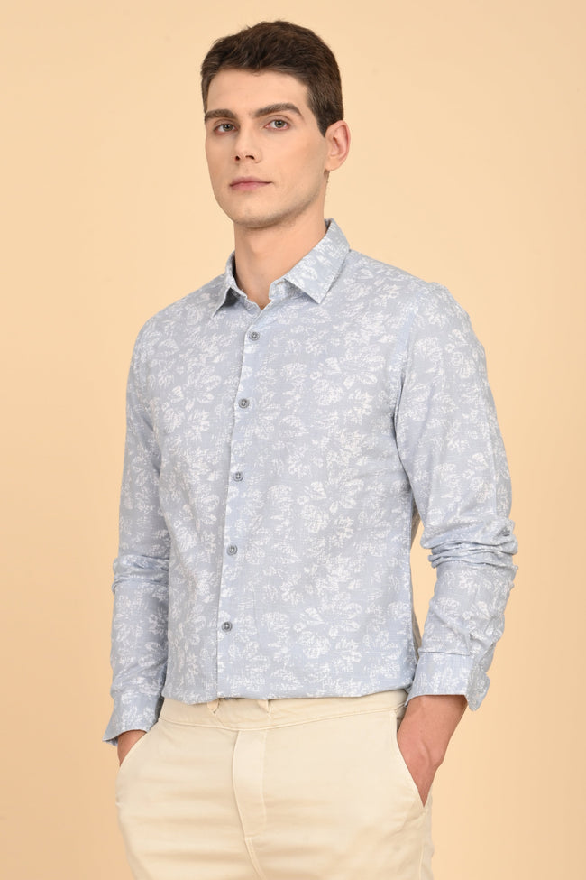 Men Mitchell Cotton Linen Printed Shirt Lt Grey