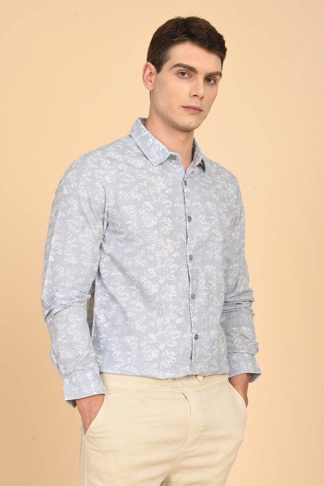 Men Mitchell Cotton Linen Printed Shirt Lt Grey
