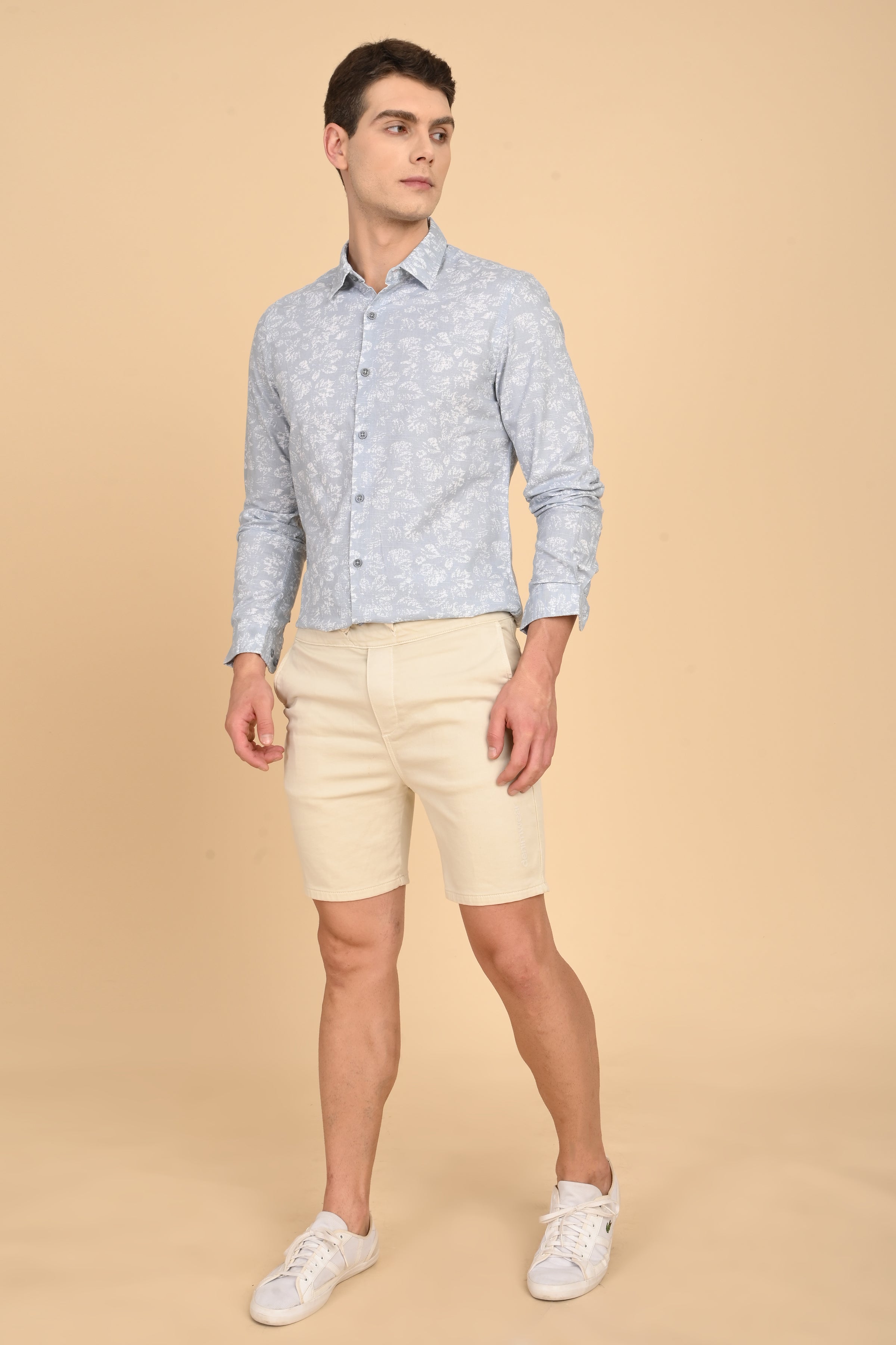 Men Mitchell Cotton Linen Printed Shirt Lt Grey