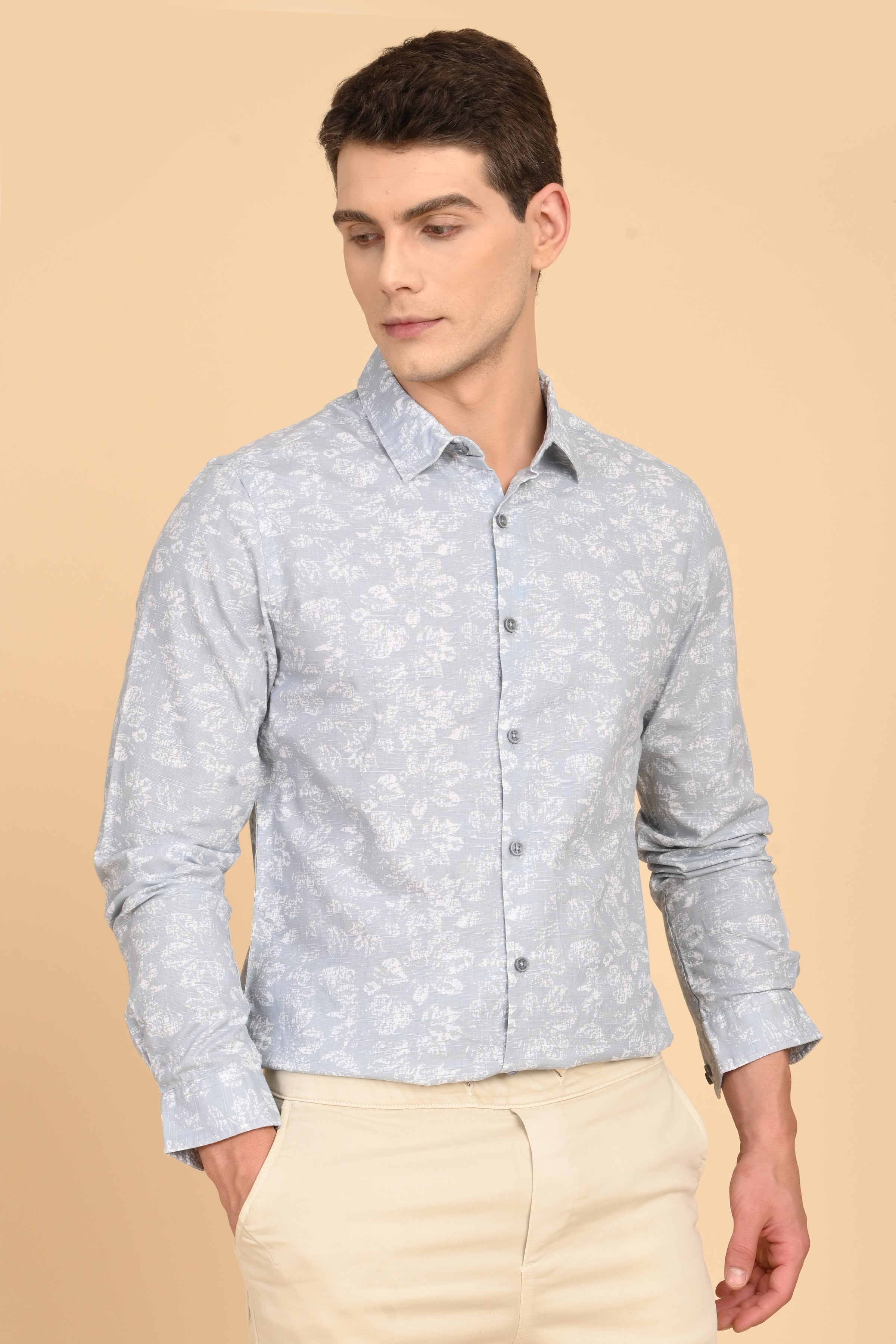 Men Mitchell Cotton Linen Printed Shirt Lt Grey