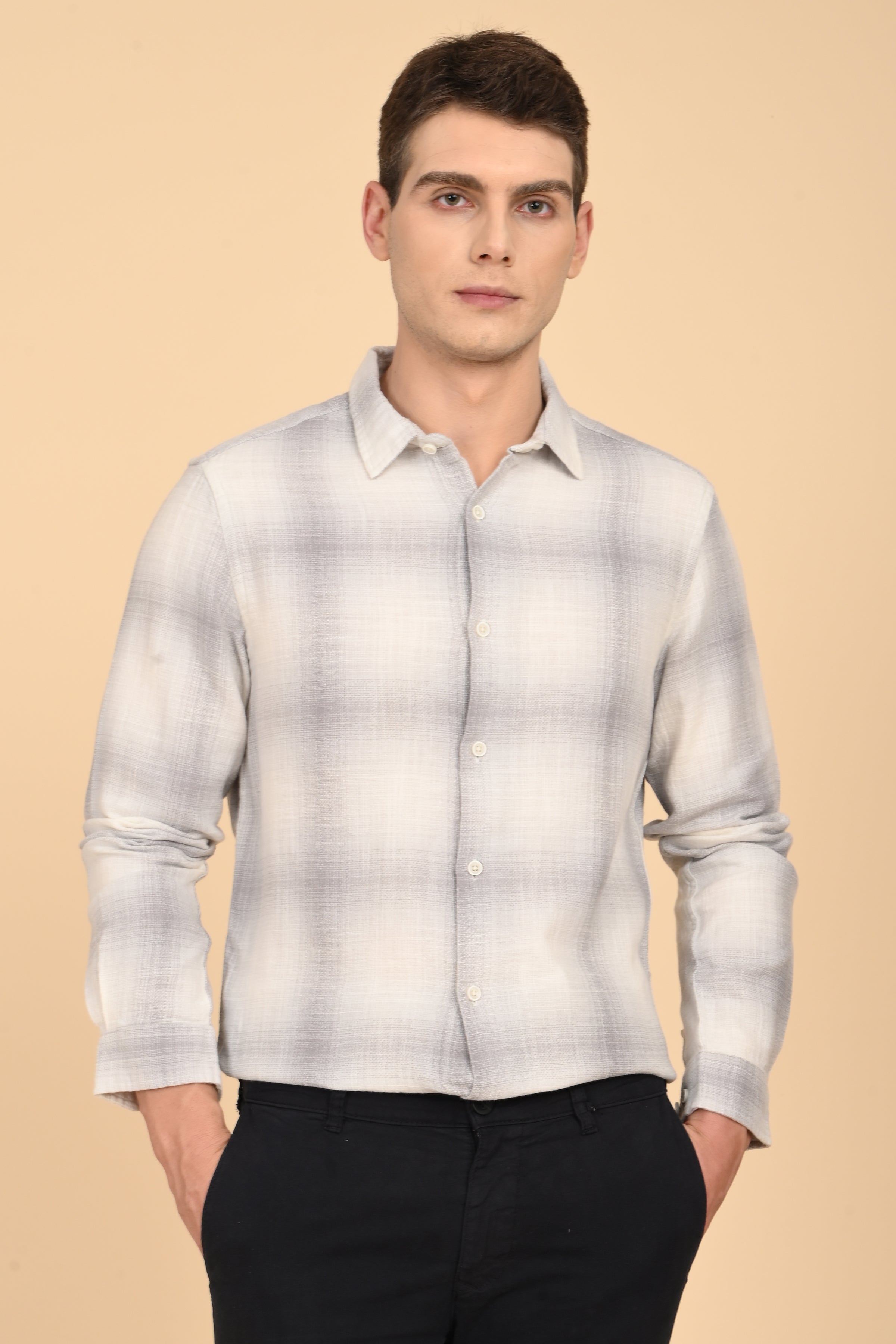 Men Calvin Dobby Slub Check Shirt Grey