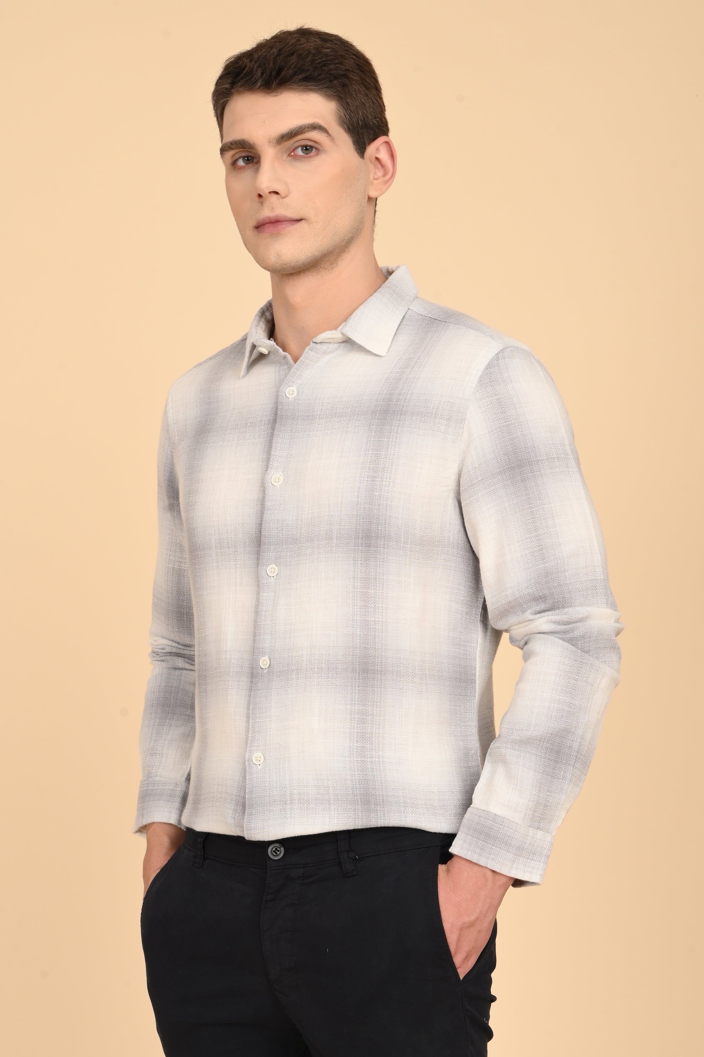 Men Calvin Dobby Slub Check Shirt Grey