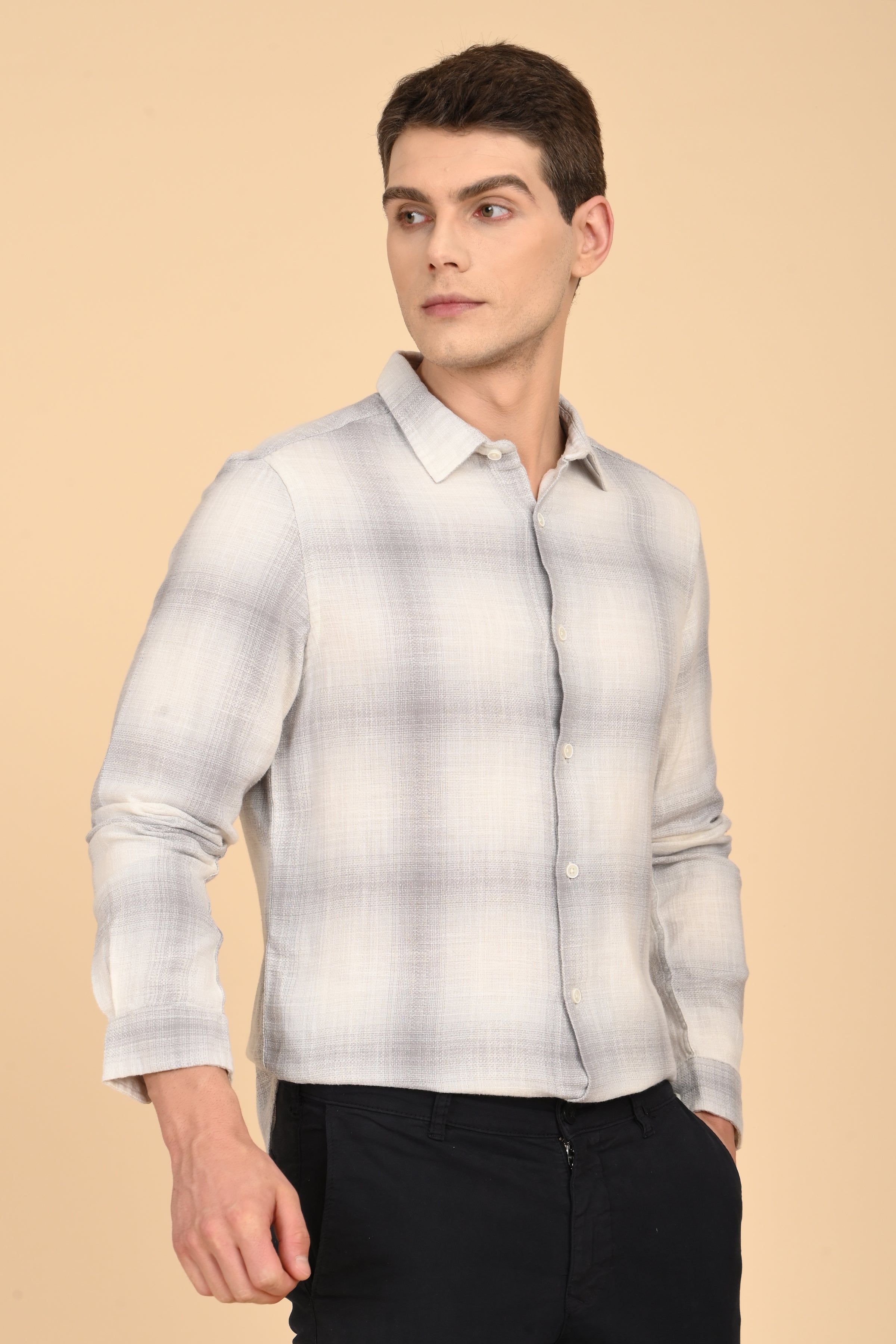 Men Calvin Dobby Slub Check Shirt Grey