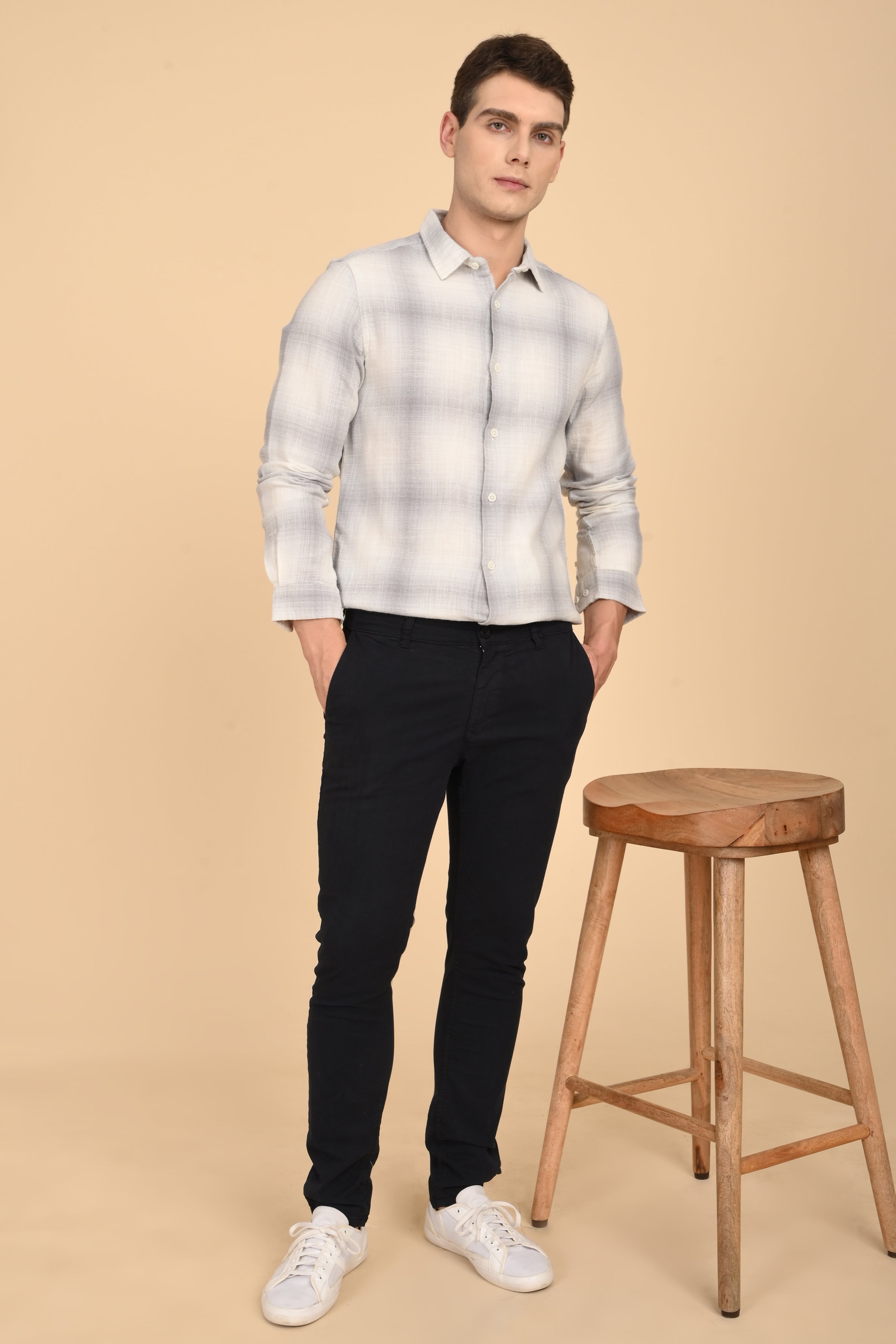 Men Calvin Dobby Slub Check Shirt Grey