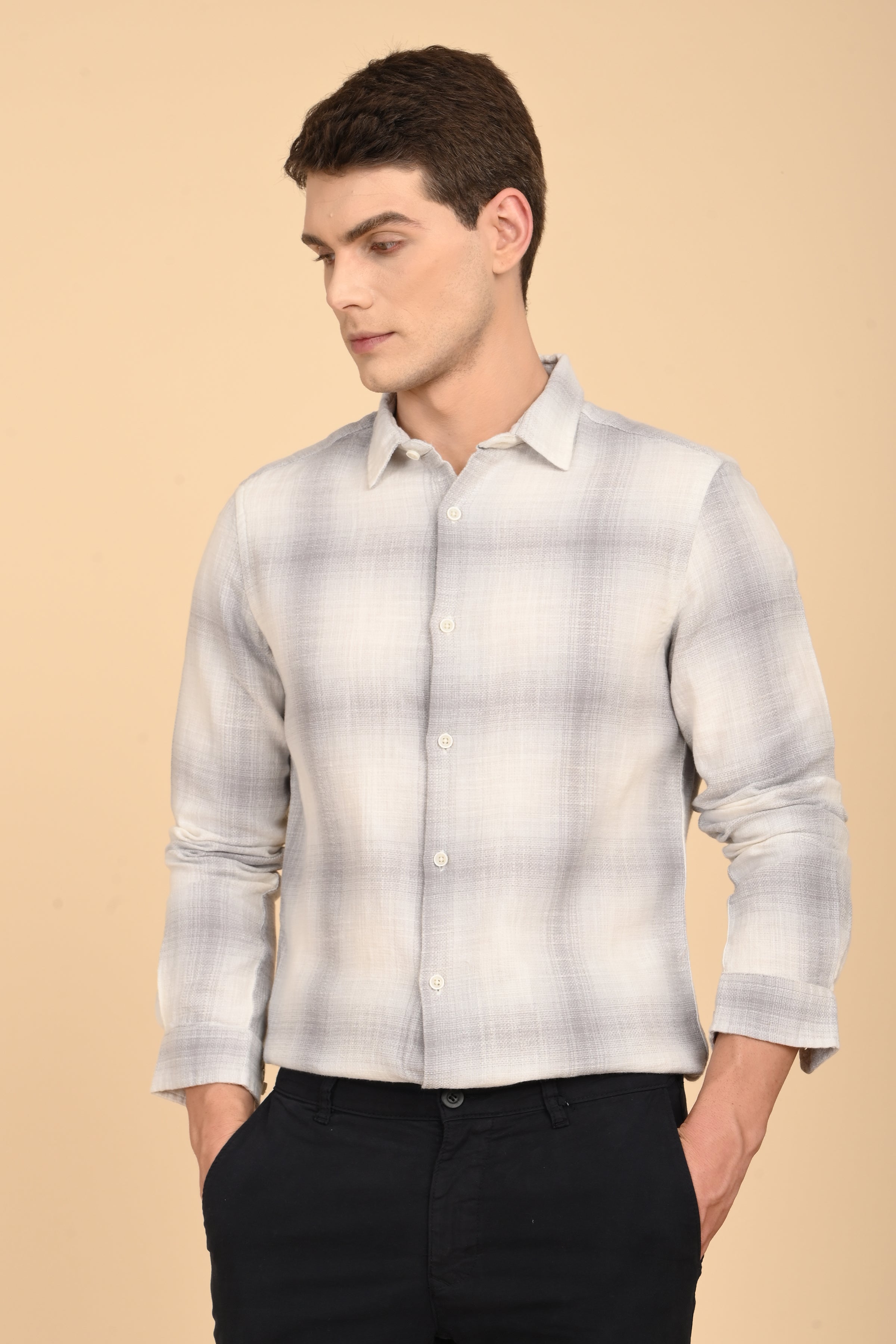 Men Calvin Dobby Slub Check Shirt Grey