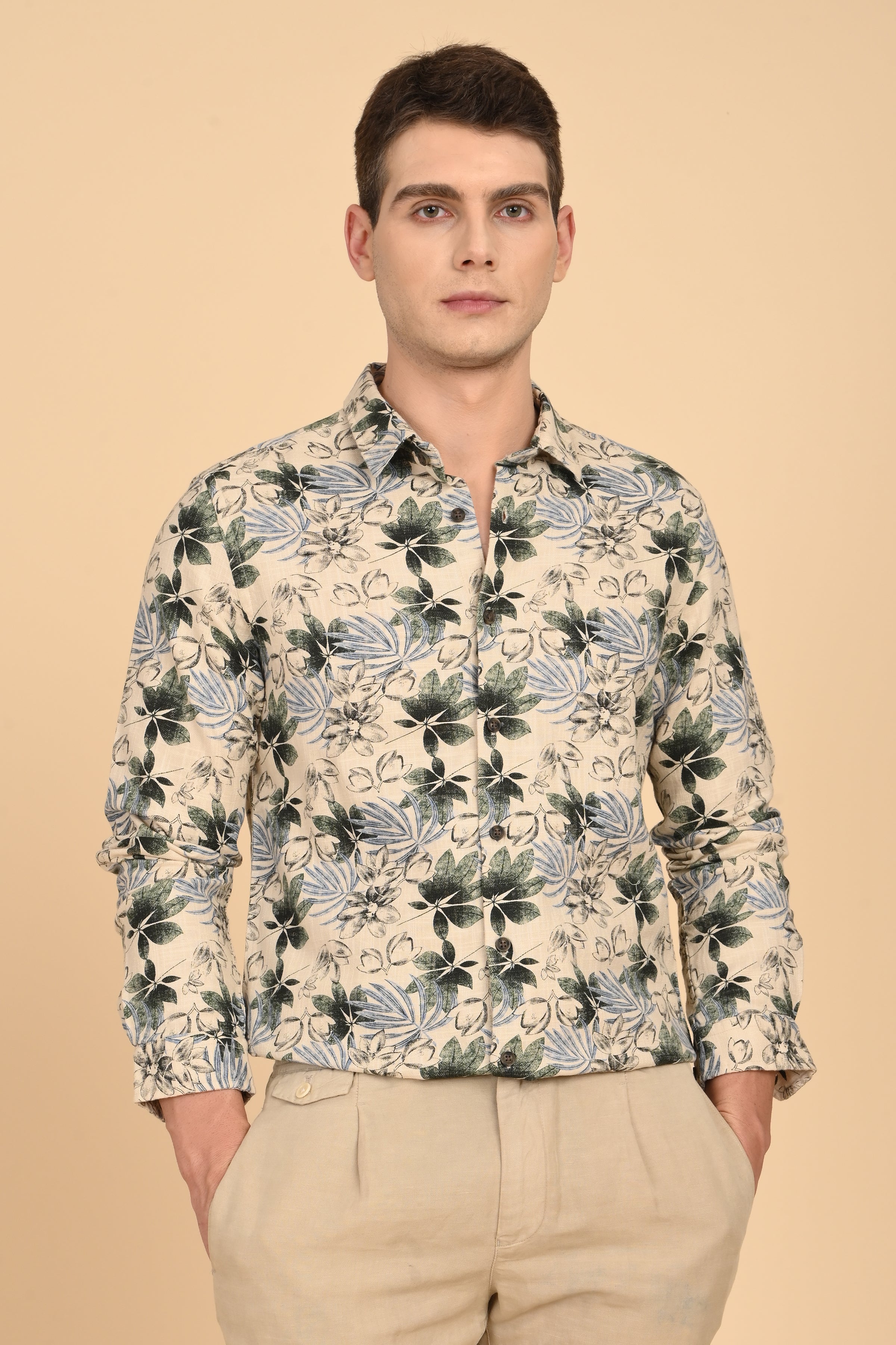 Men Flourish Cotton Slub Printed Shirt Green