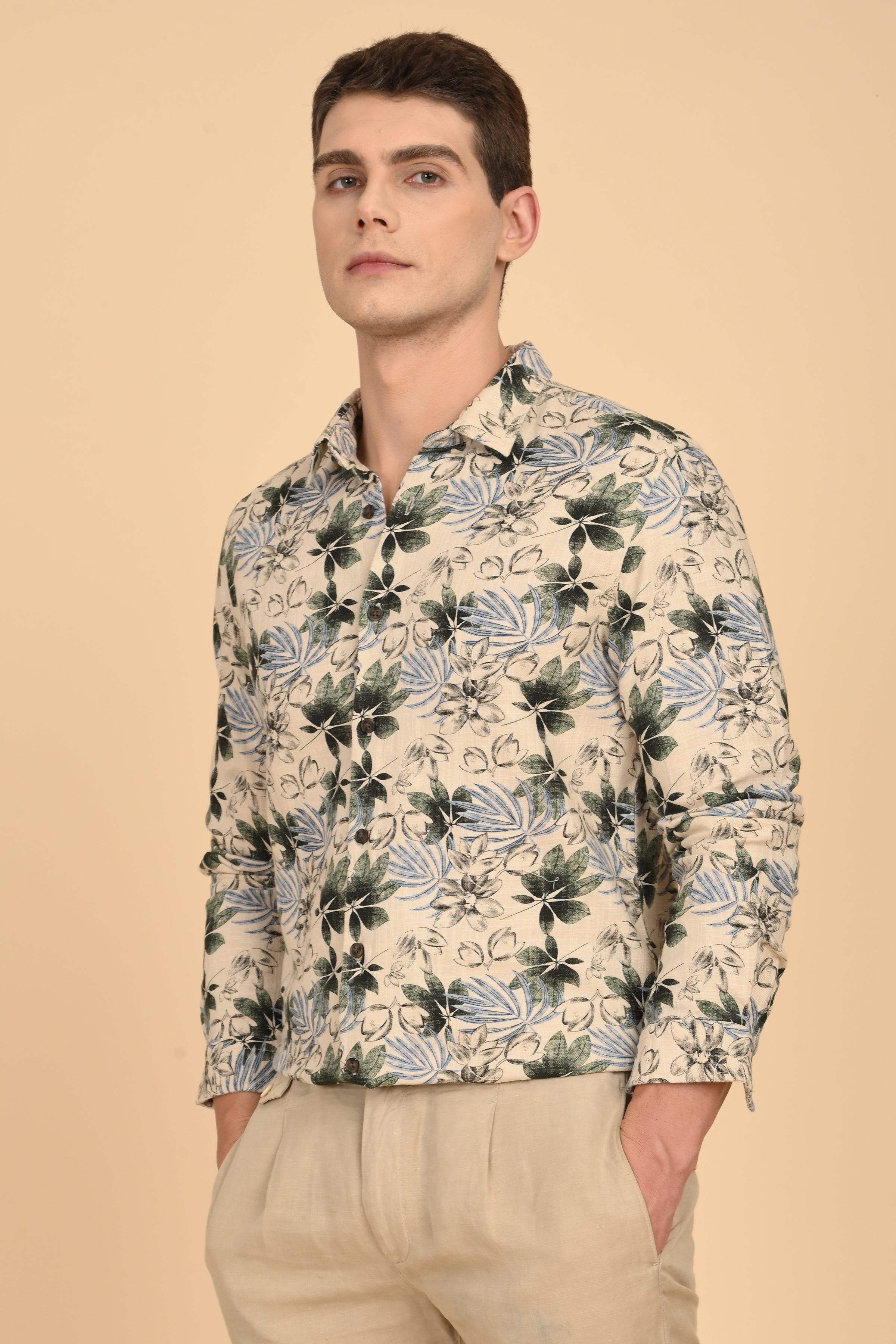 Men Flourish Cotton Slub Printed Shirt Green