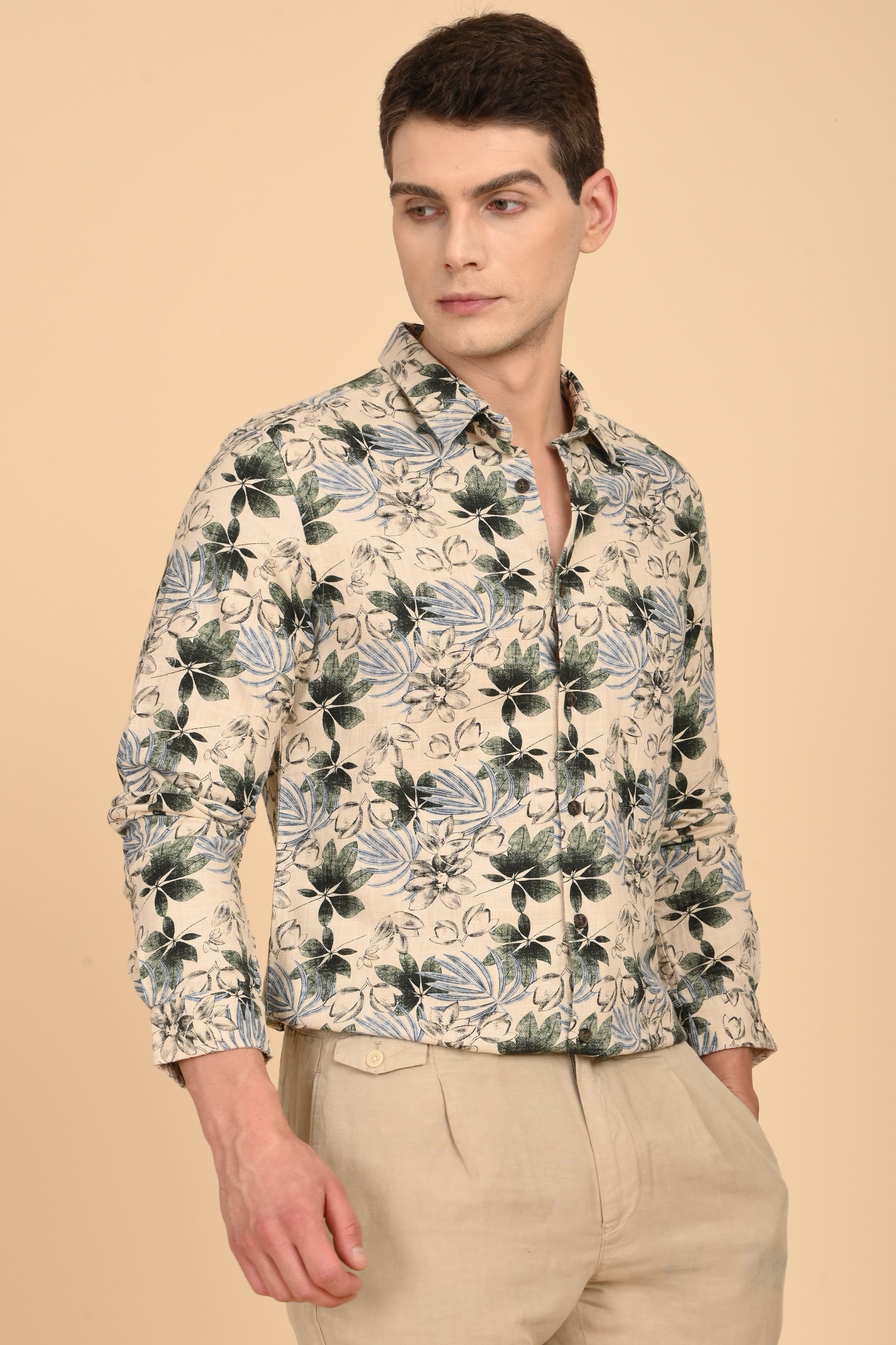 Men Flourish Cotton Slub Printed Shirt Green