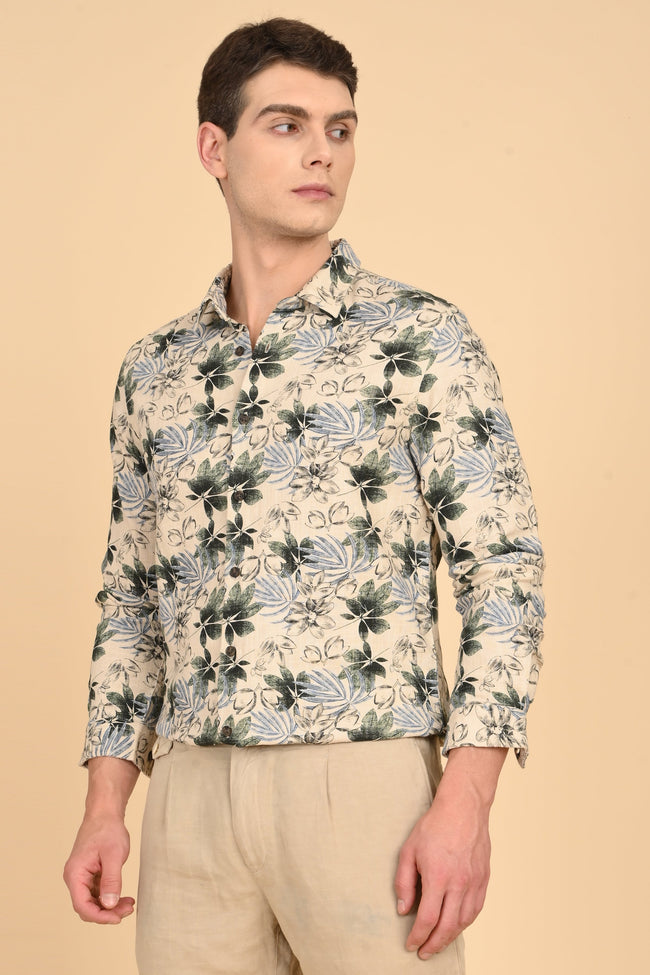 Men Flourish Cotton Slub Printed Shirt Green