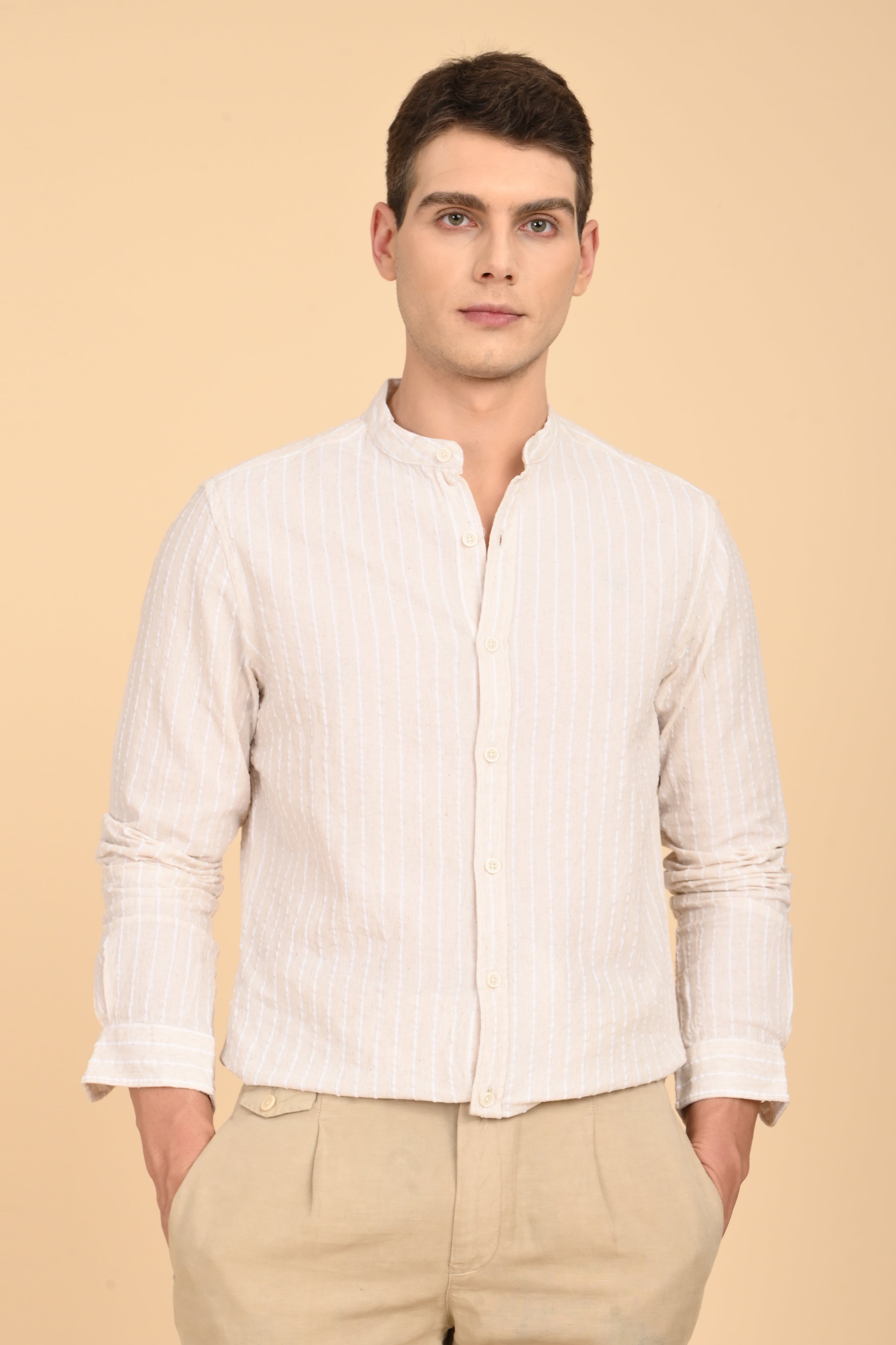 Men Cindy Natural Seersucker Striped Shirt Off White
