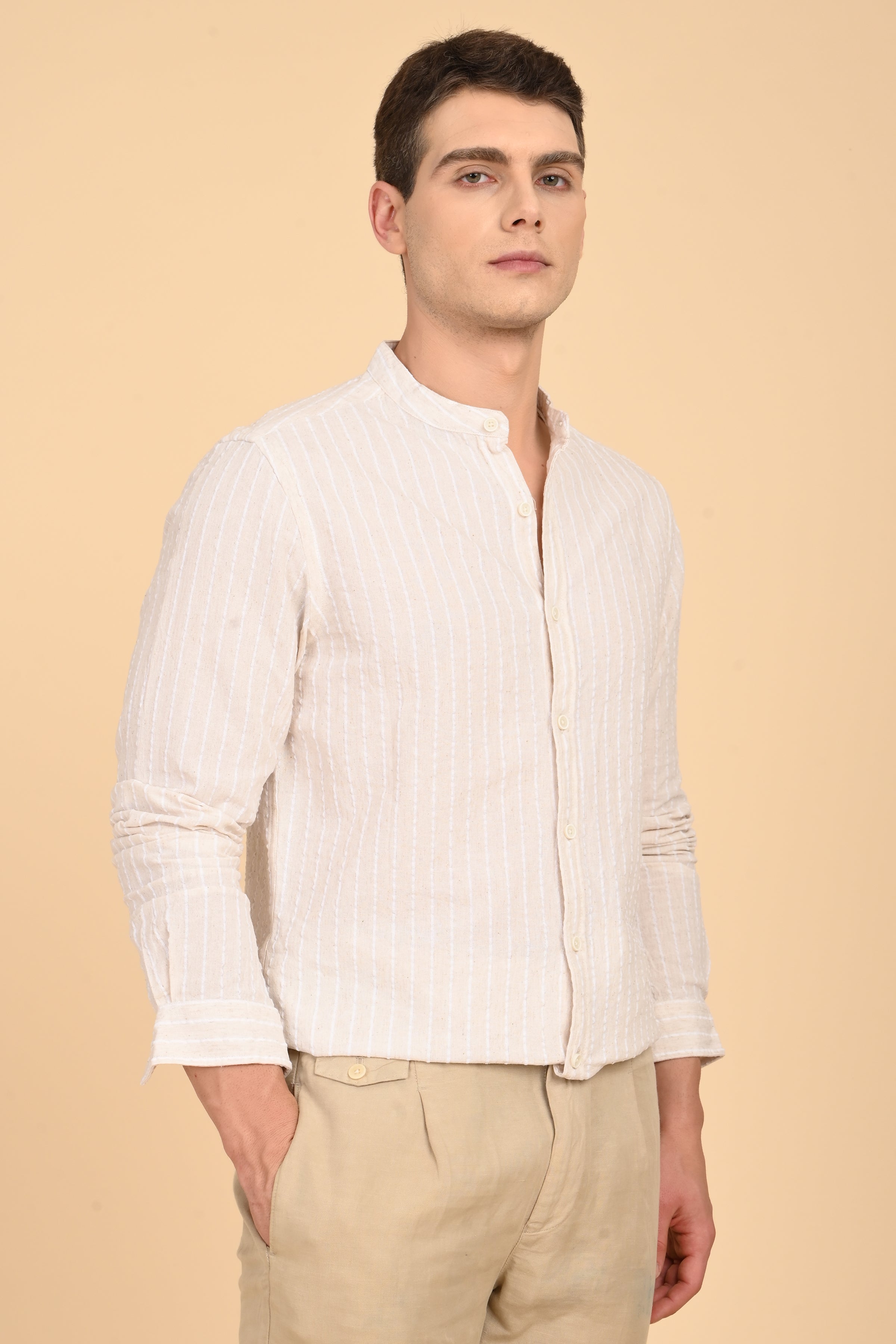 Men Cindy Natural Seersucker Striped Shirt Off White