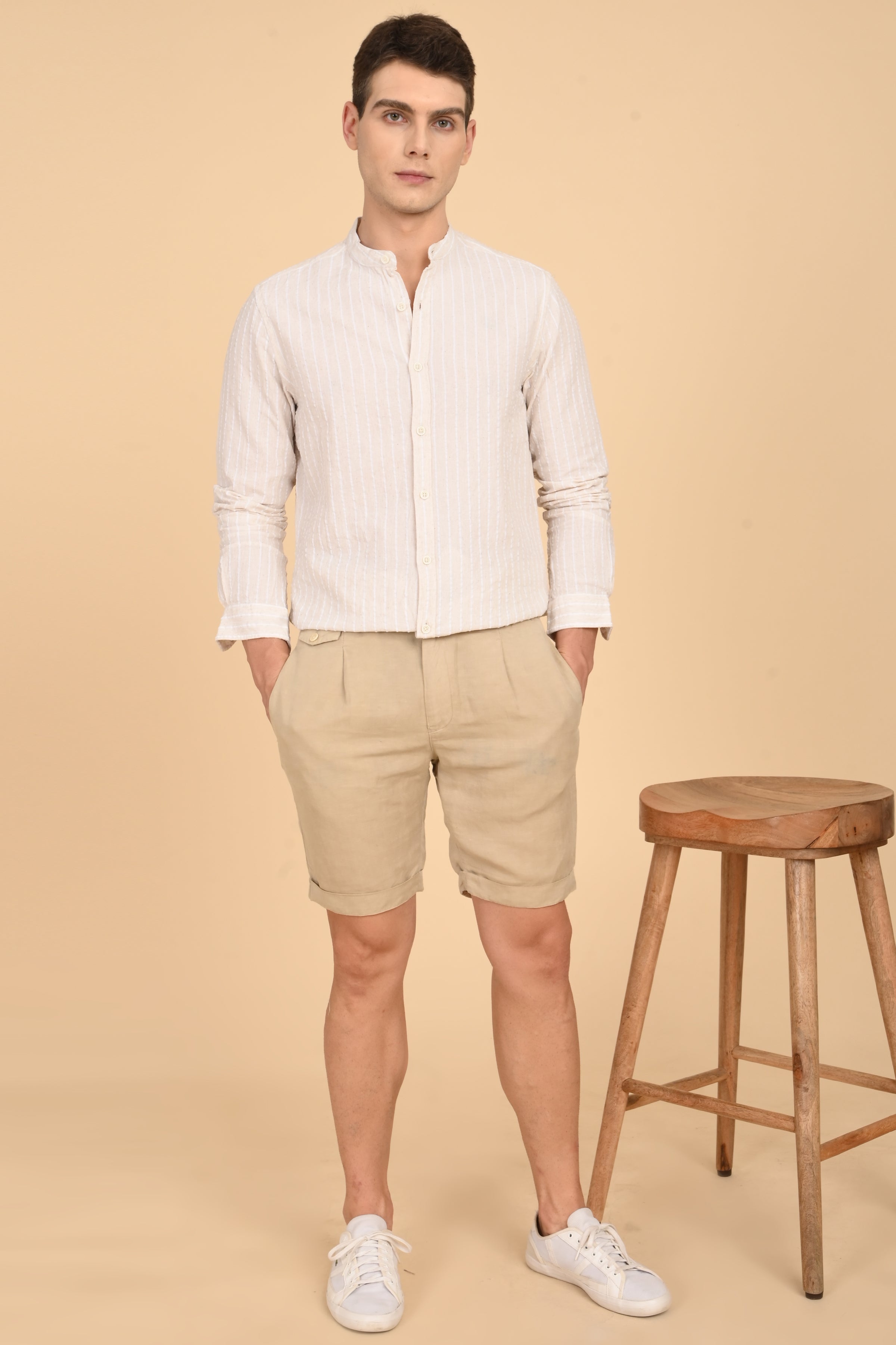 Men Cindy Natural Seersucker Striped Shirt Off White