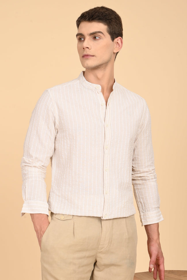 Men Cindy Natural Seersucker Striped Shirt Off White