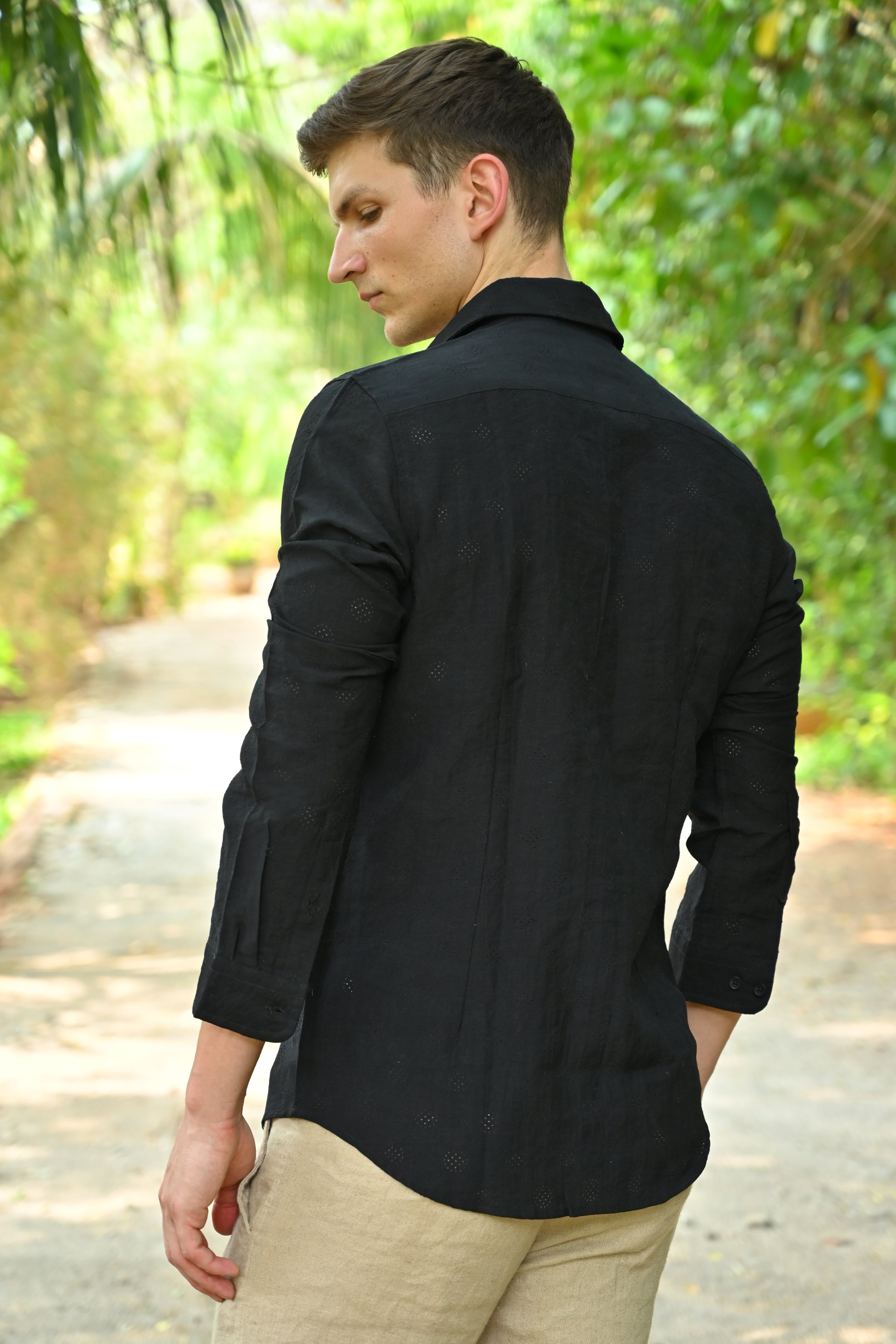 Men Ashly Cotton Blend Crotchet Shirt Black