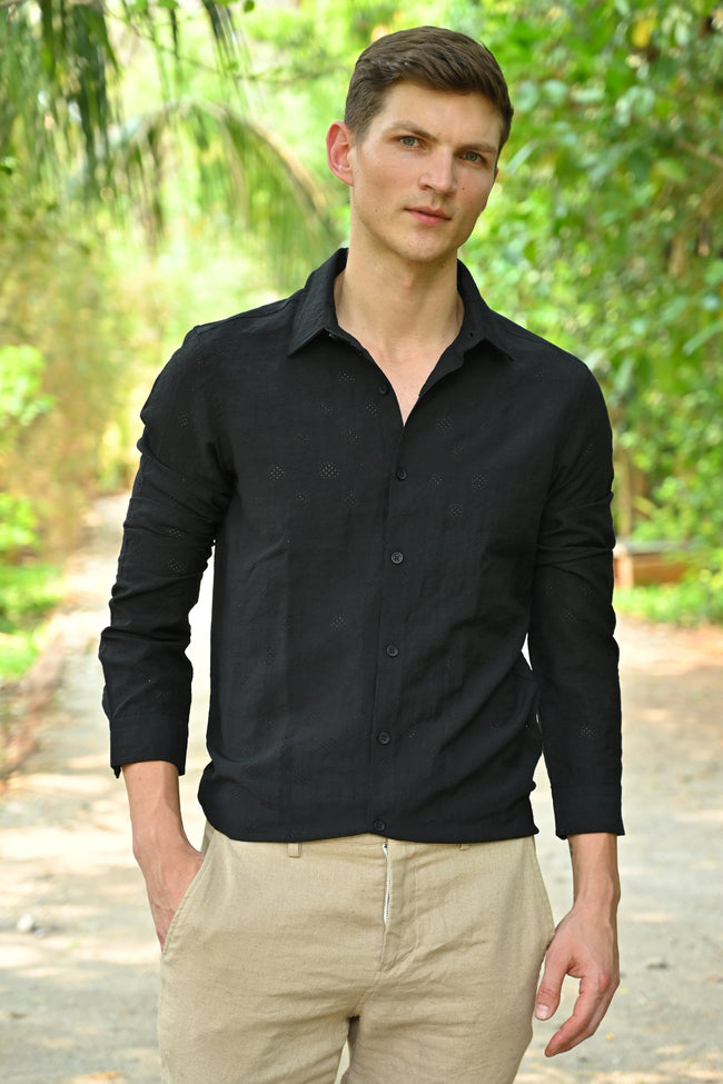 Men Ashly Cotton Blend Crotchet Shirt Black