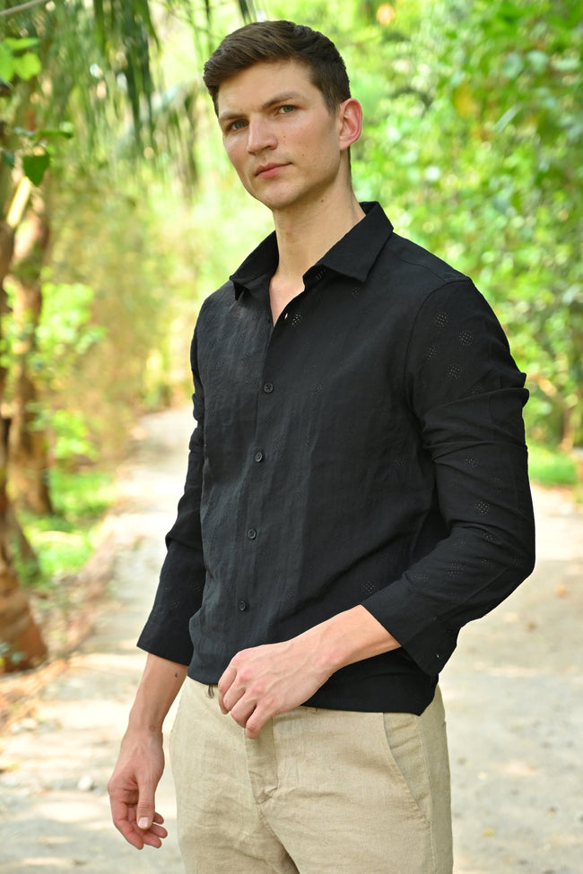 Men Ashly Cotton Blend Crotchet Shirt Black