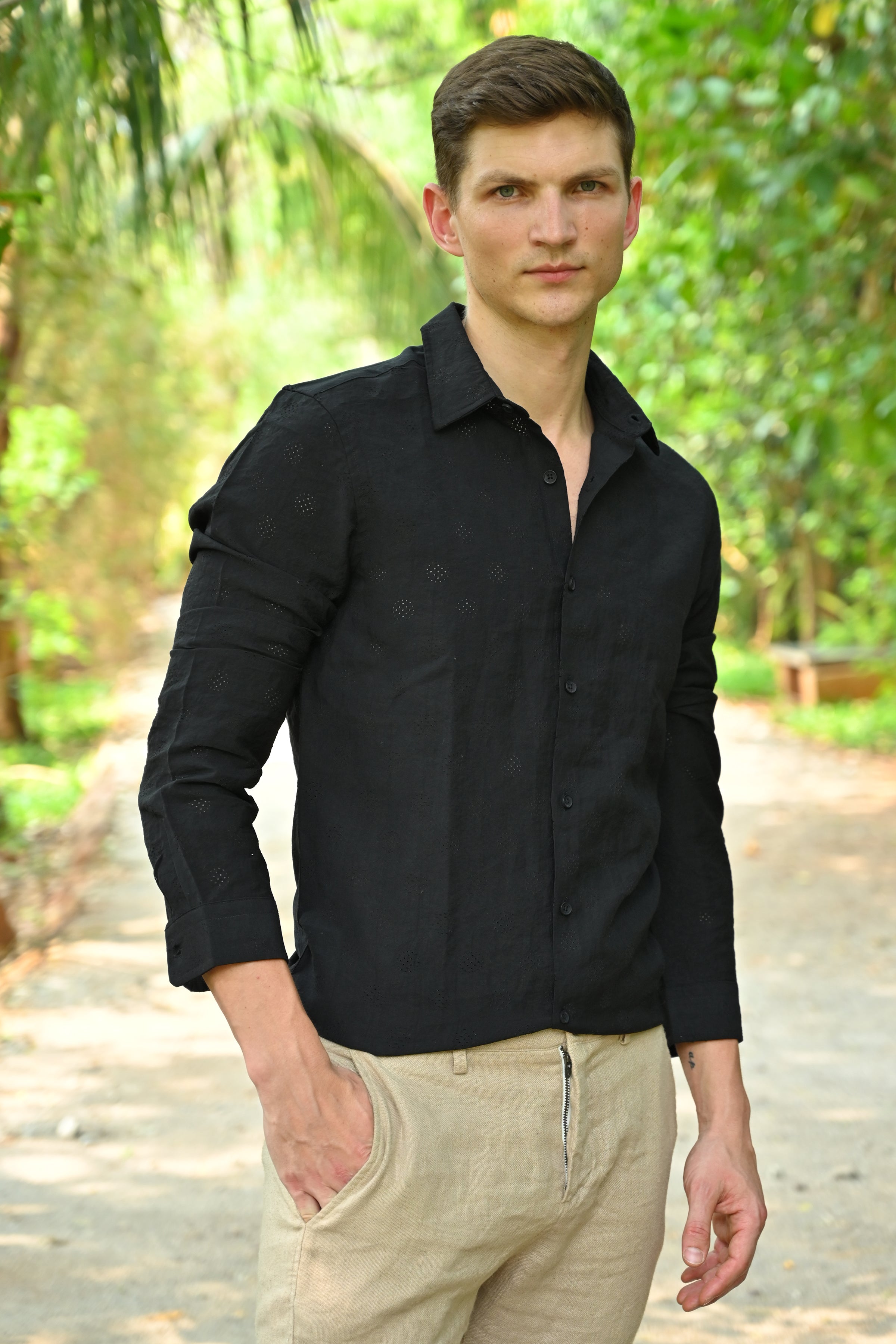 Men Ashly Cotton Blend Crotchet Shirt Black