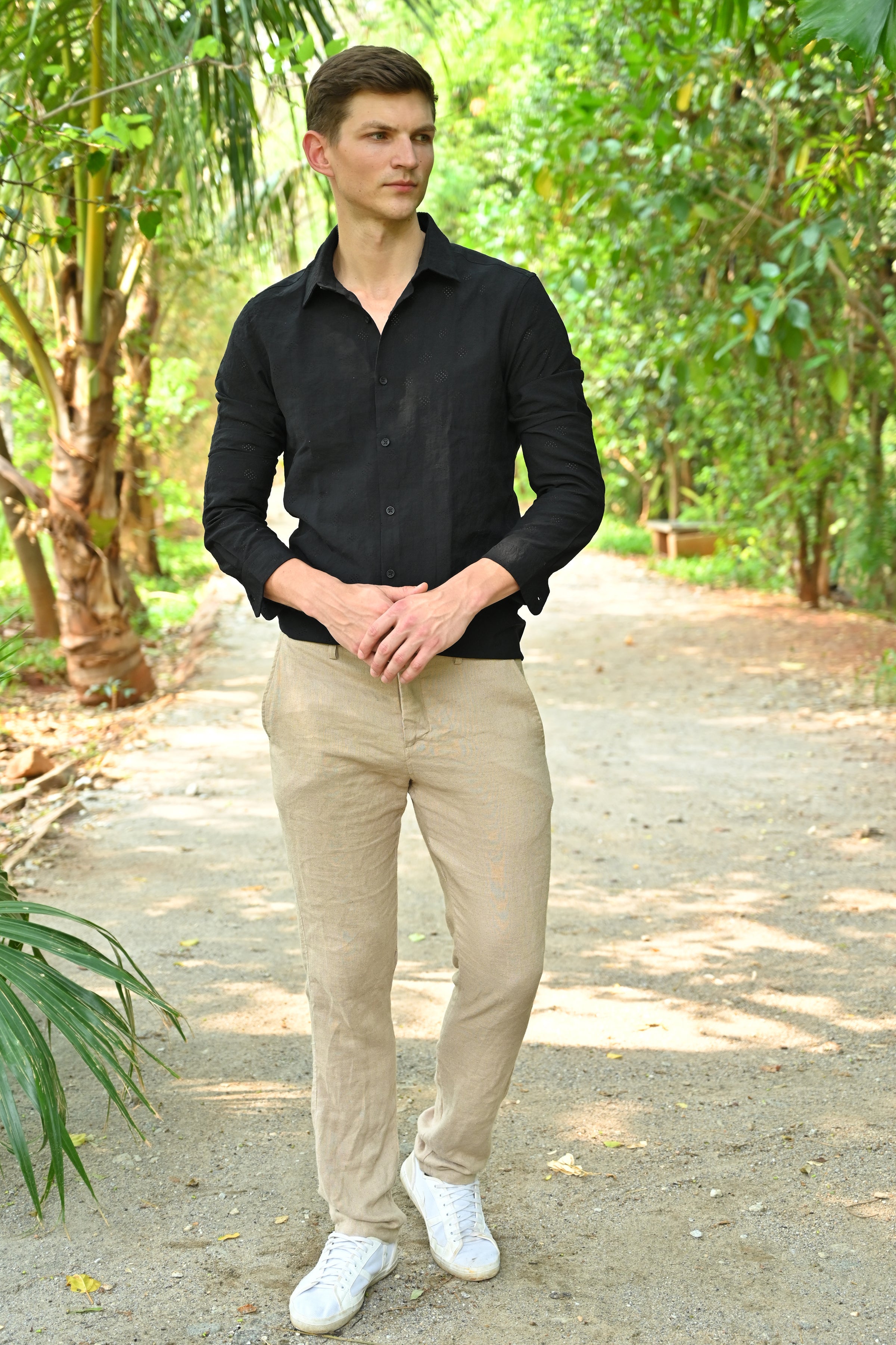 Men Ashly Cotton Blend Crotchet Shirt Black