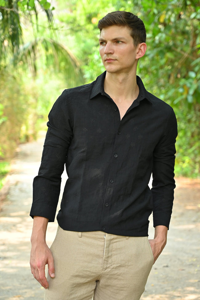 Men Ashly Cotton Blend Crotchet Shirt Black