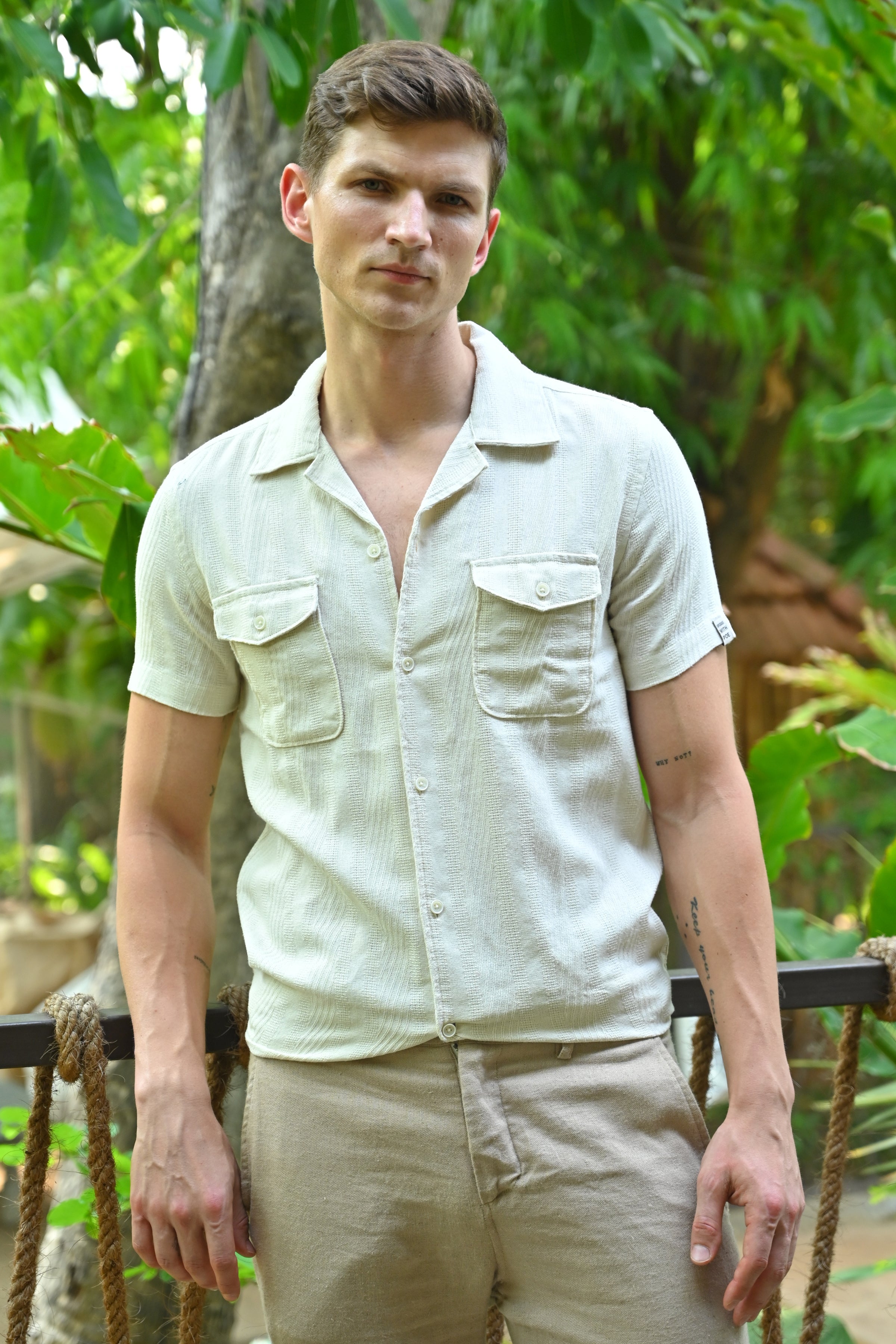 Men Walker Structured Pocketed Plain Shirt Cream