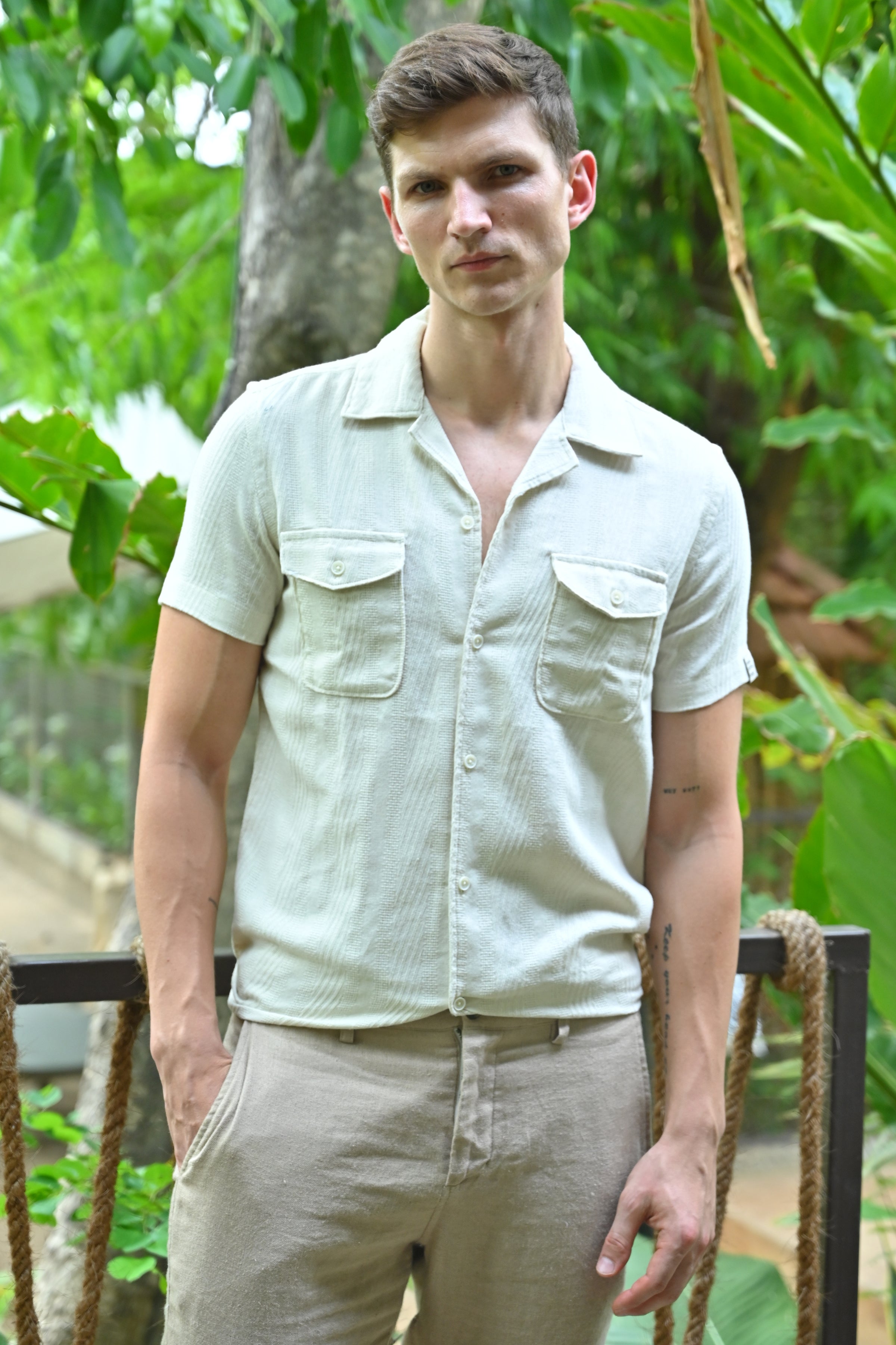 Men Walker Structured Pocketed Plain Shirt Cream