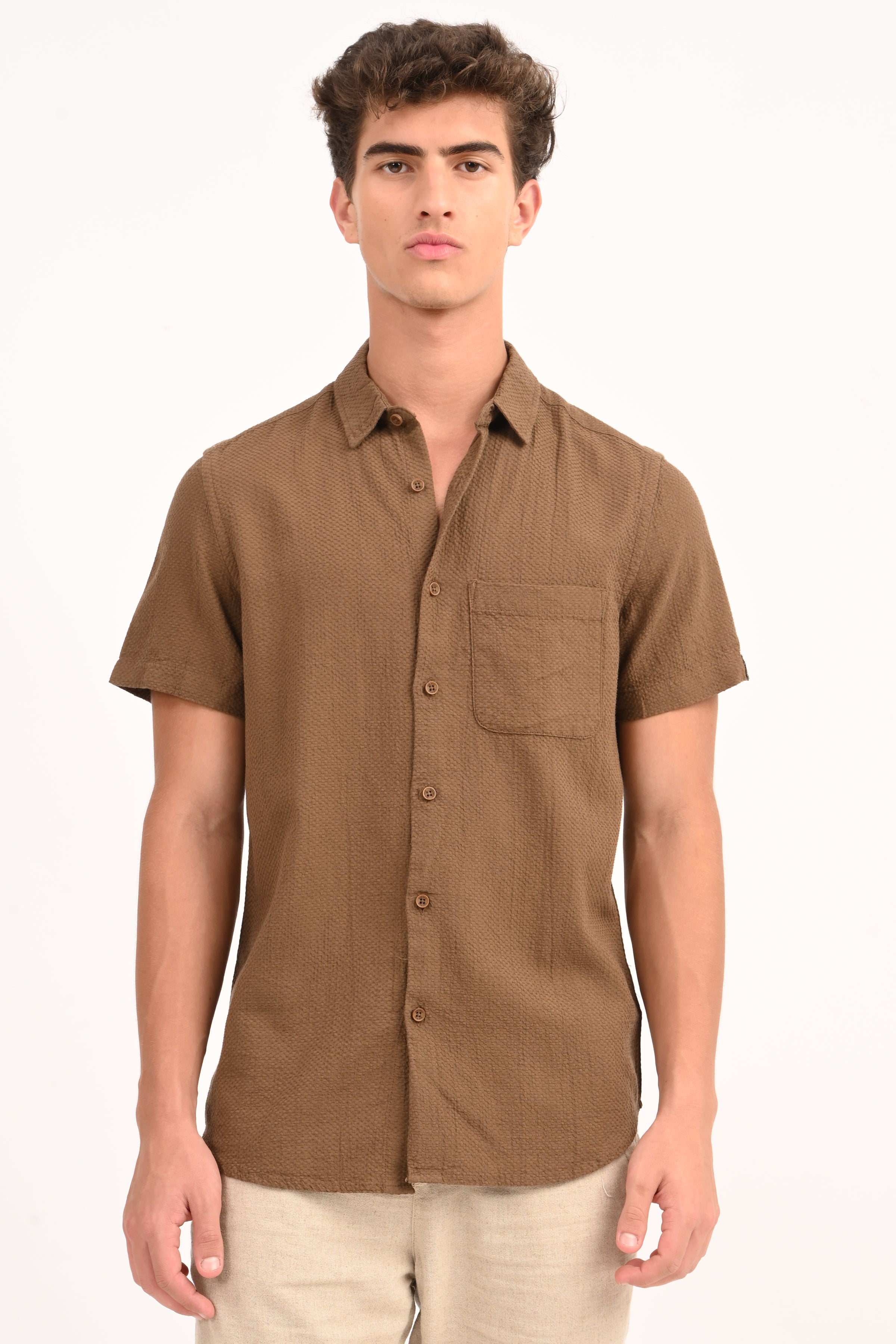 Men Peggy Brown Solid Dobby Shirt