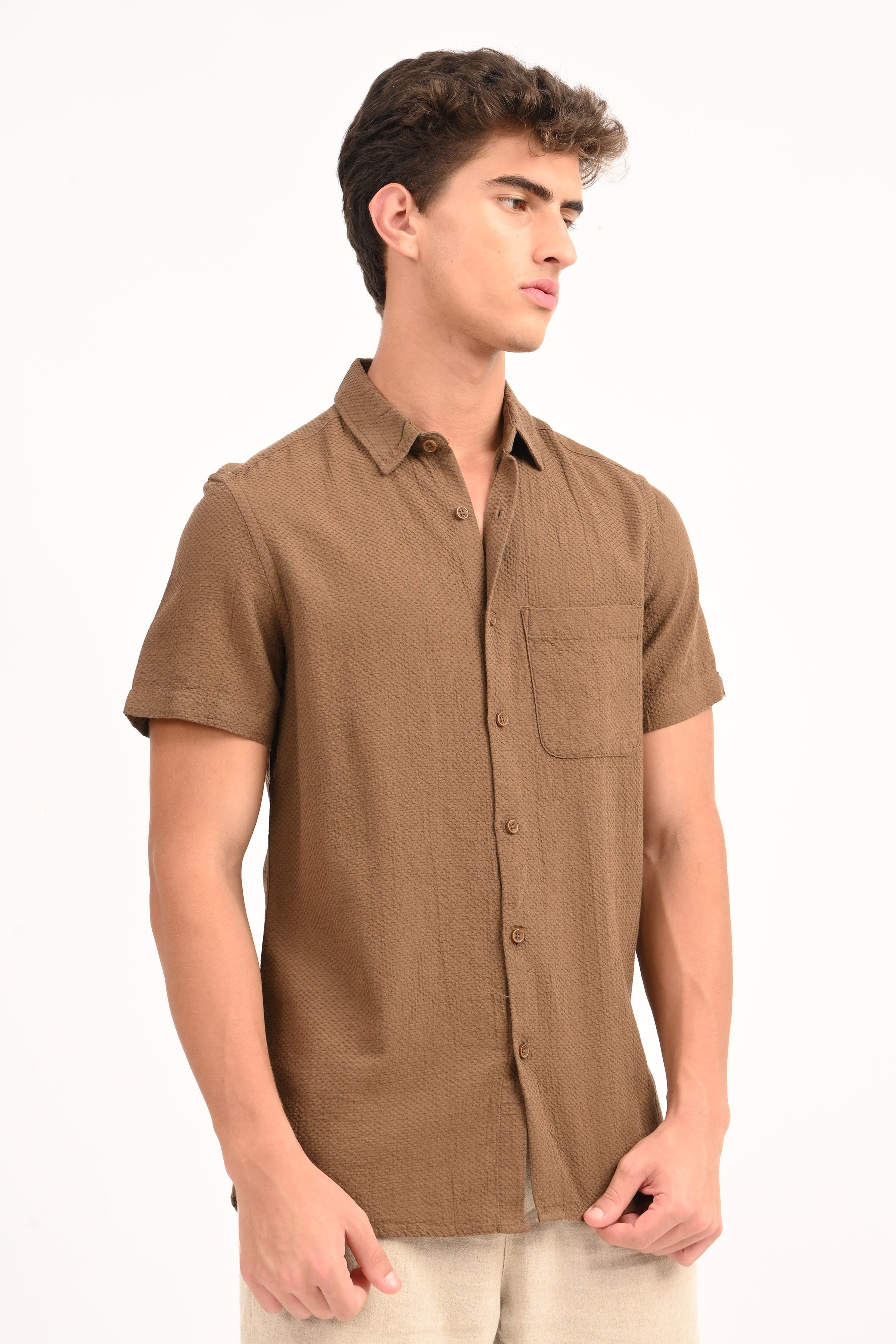 Men Peggy Brown Solid Dobby Shirt