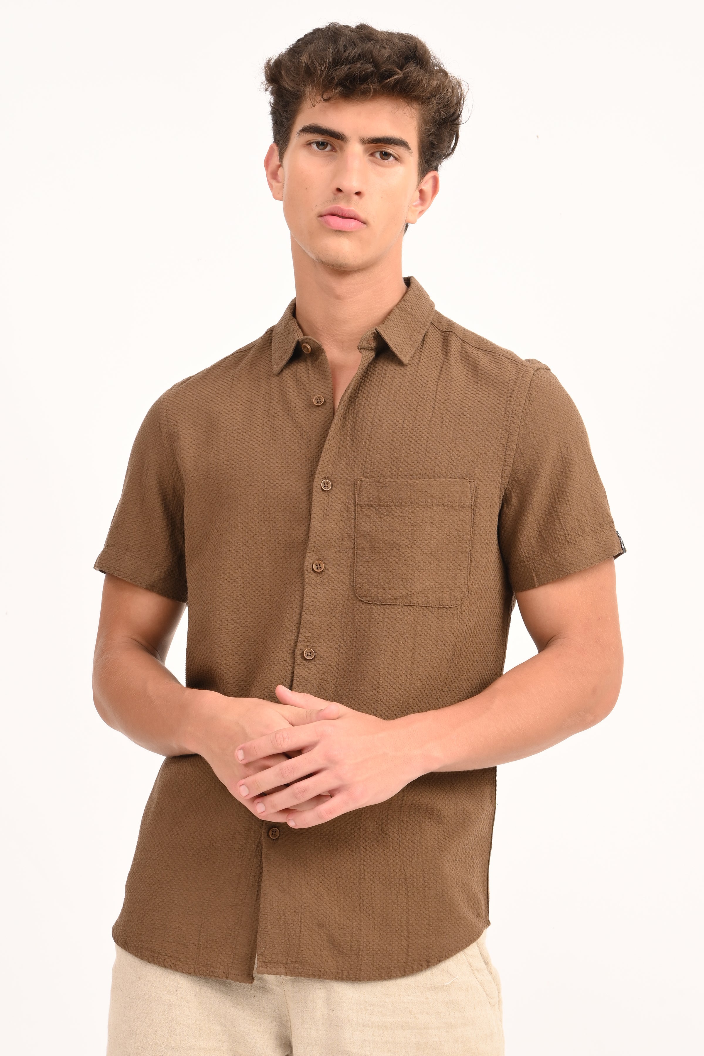 Men Peggy Brown Solid Dobby Shirt