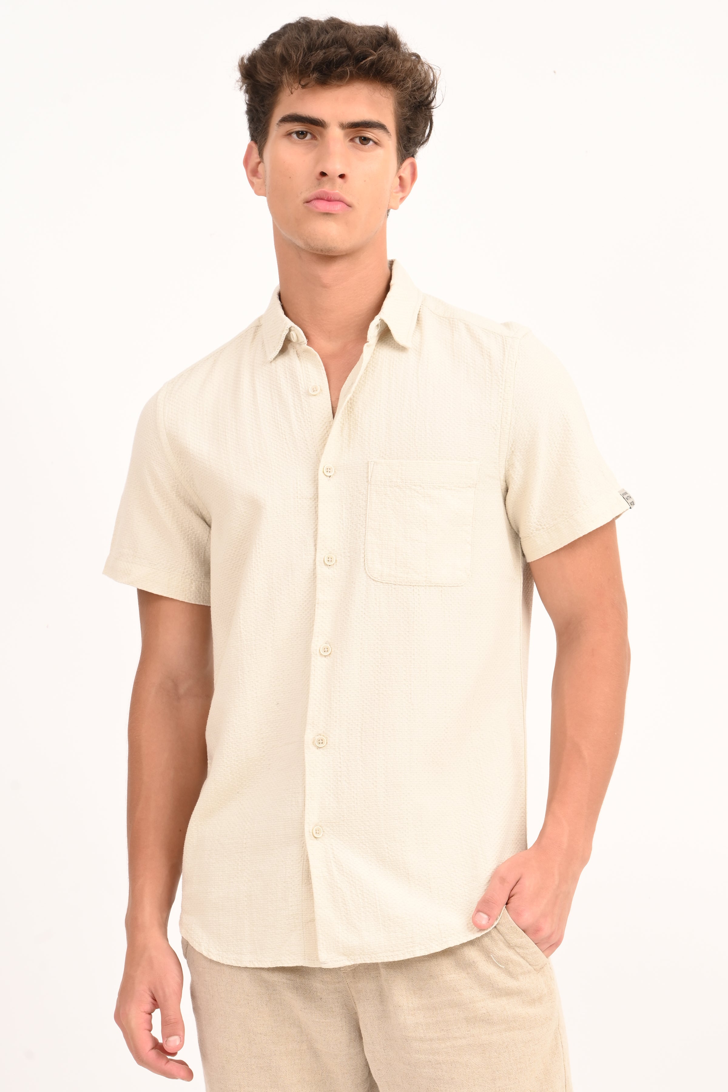 Men Peggy Beige Solid Dobby Shirt