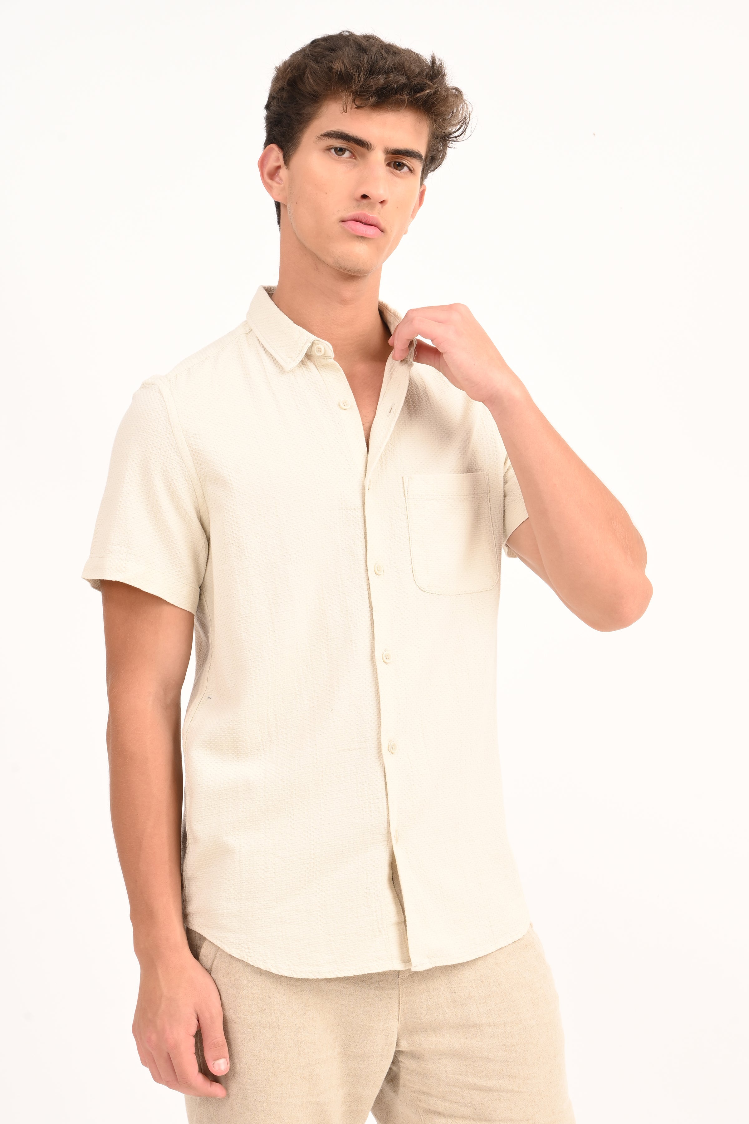 Men Peggy Beige Solid Dobby Shirt