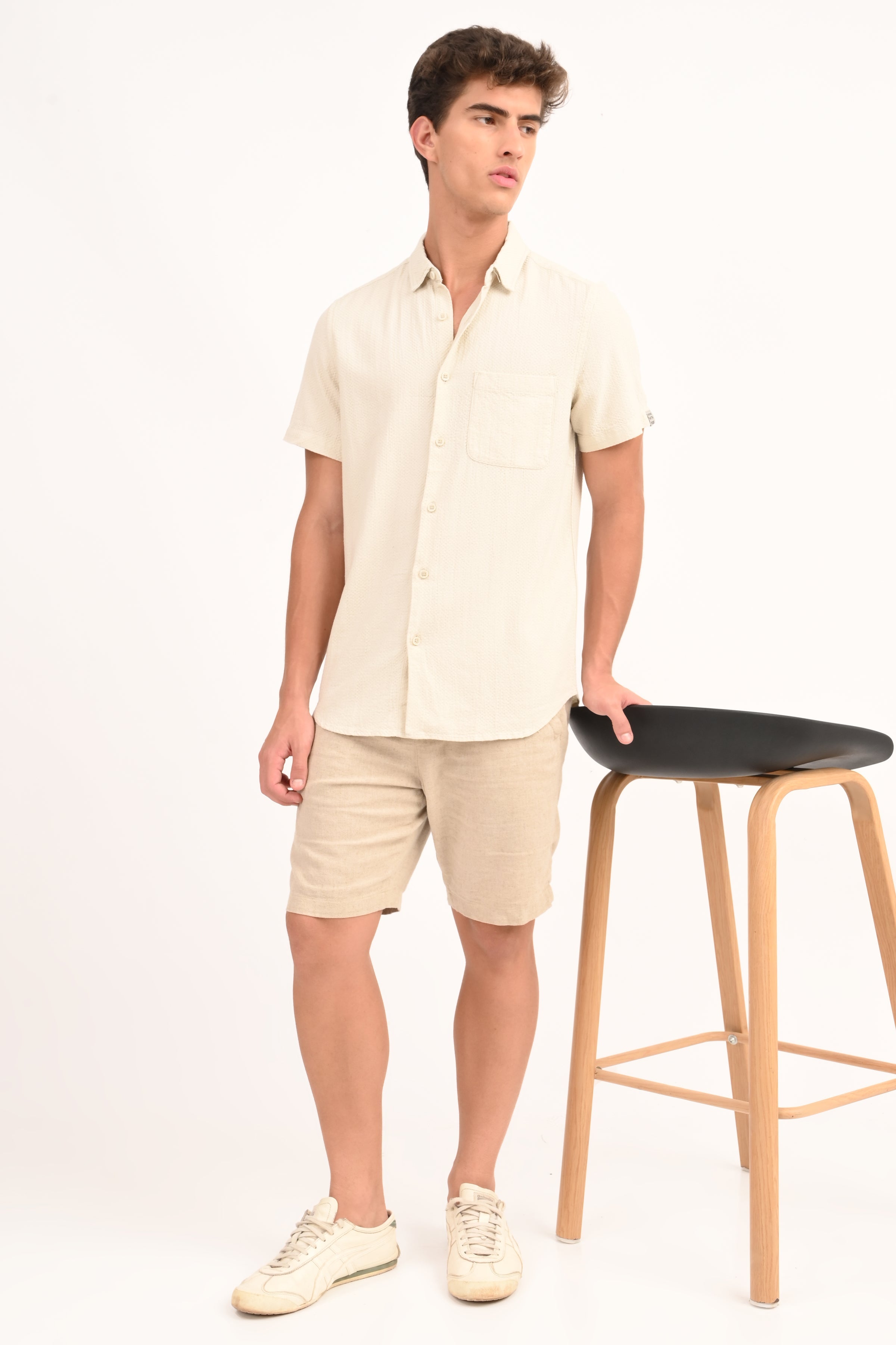 Men Peggy Beige Solid Dobby Shirt