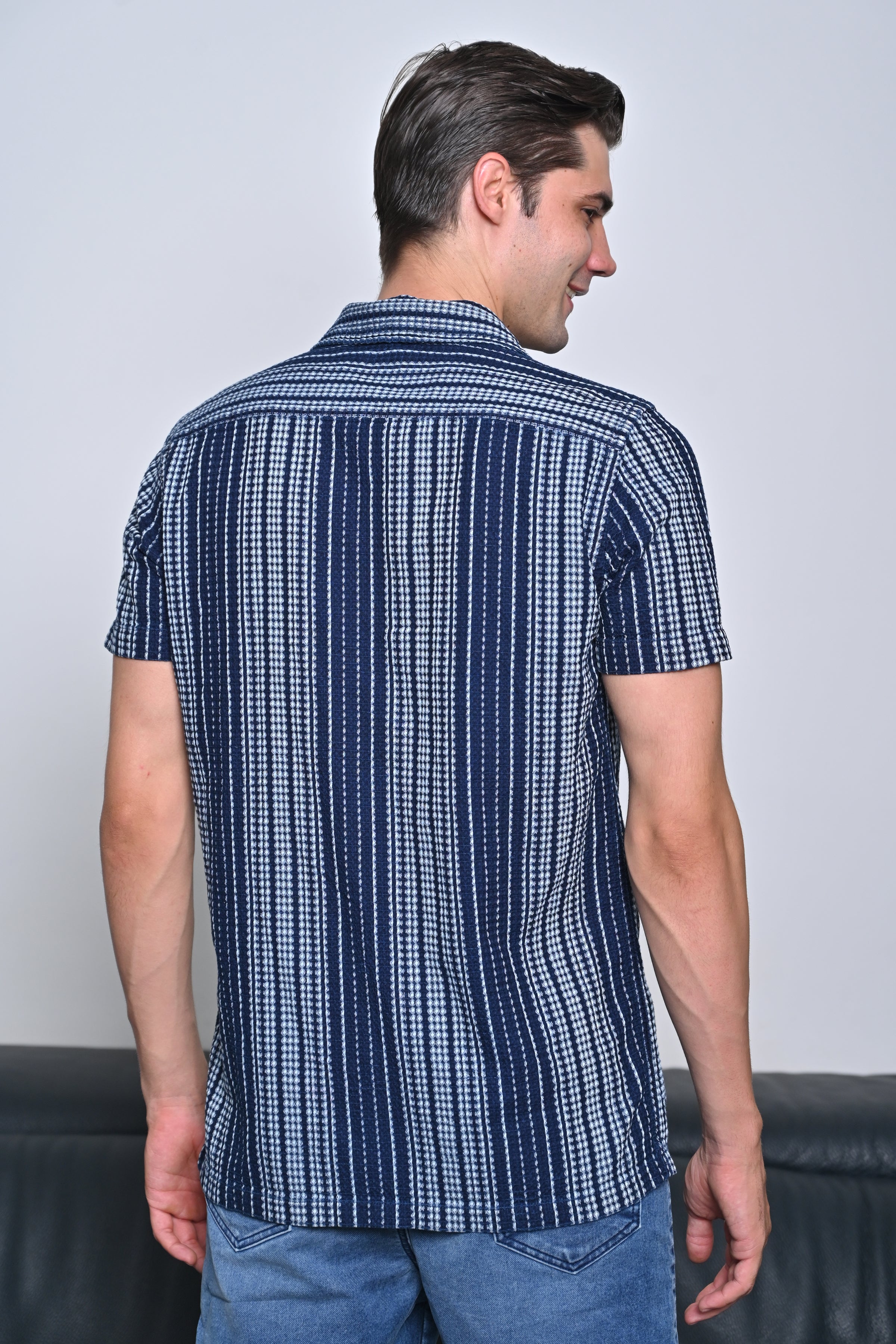 Men Waffle Dobby Indigo Striped Shirt