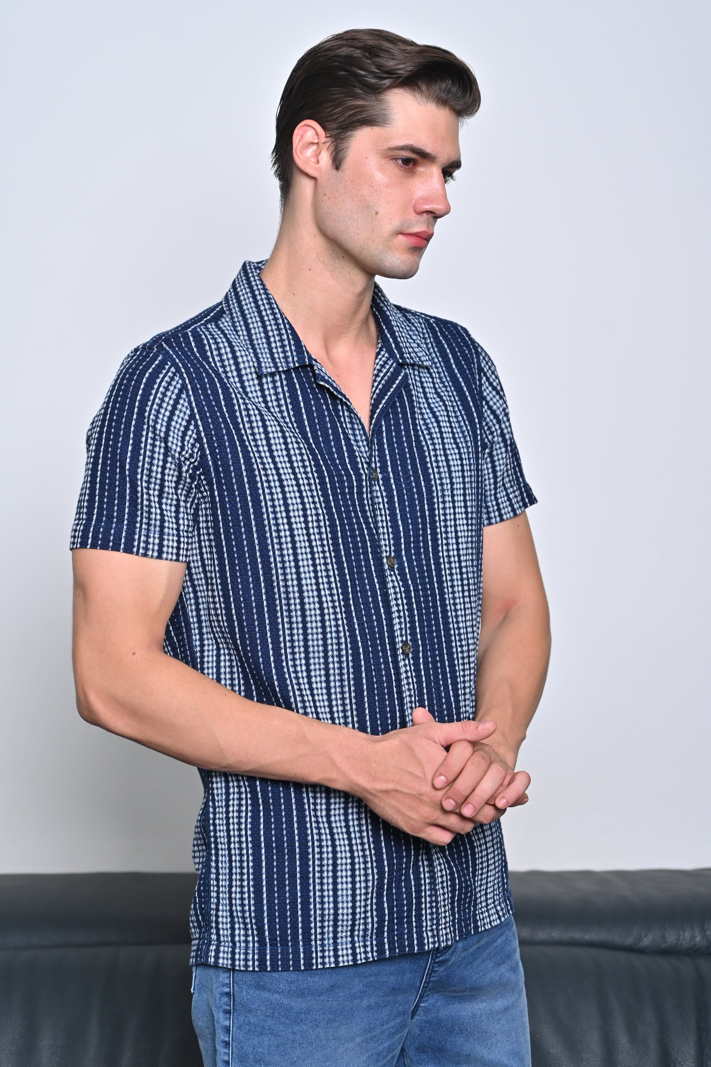 Men Waffle Dobby Indigo Striped Shirt