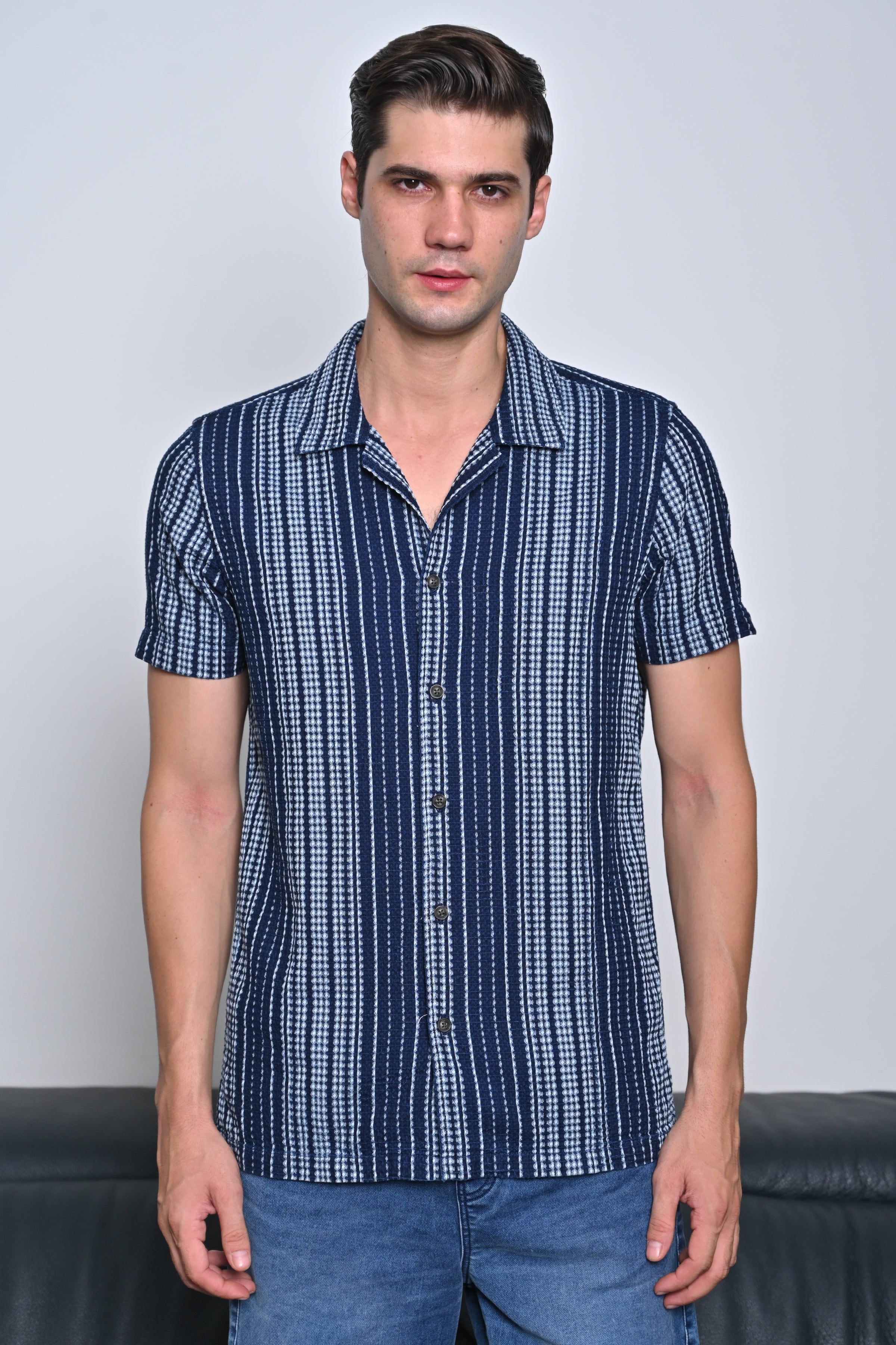 Men Waffle Dobby Indigo Striped Shirt