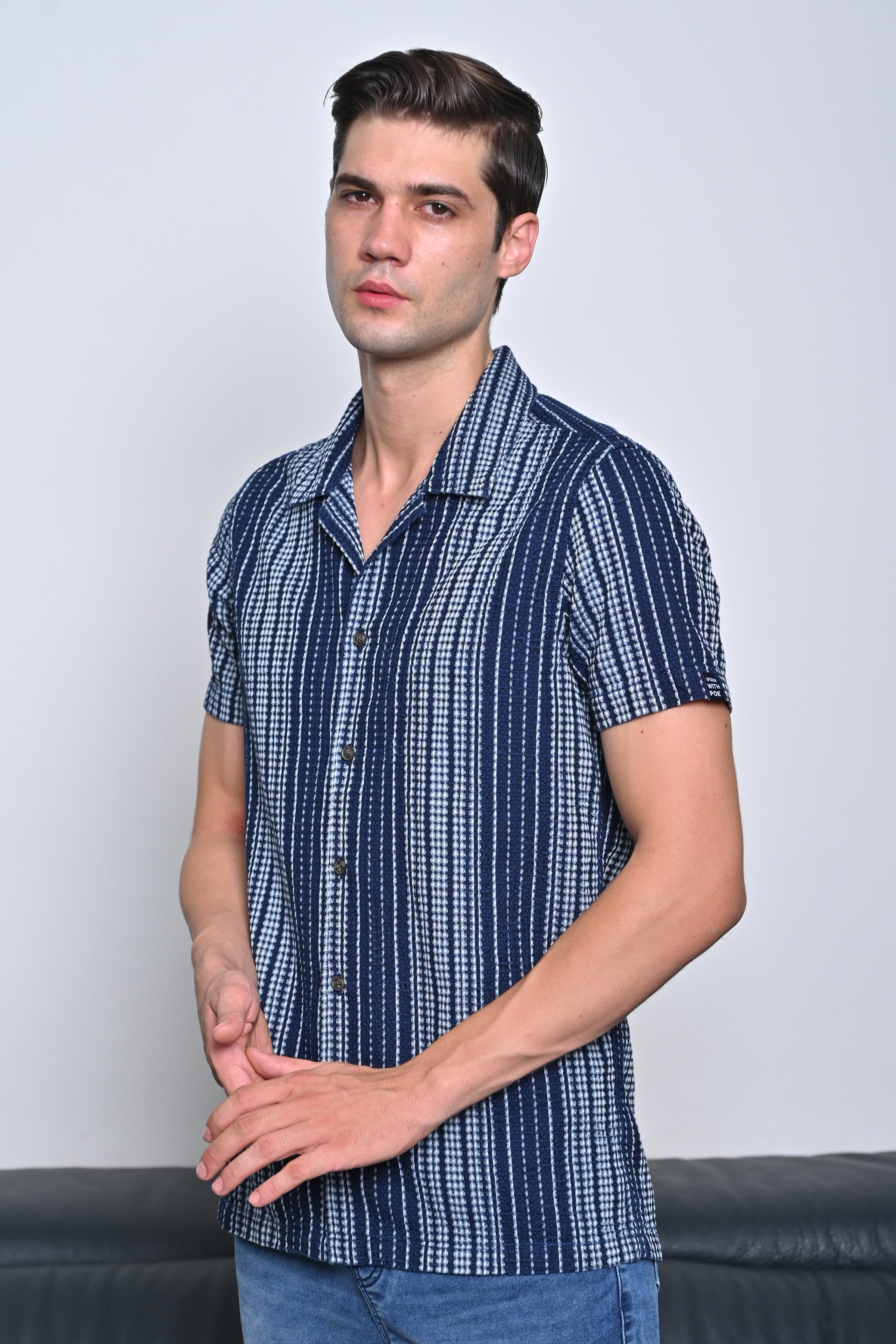 Men Waffle Dobby Indigo Striped Shirt