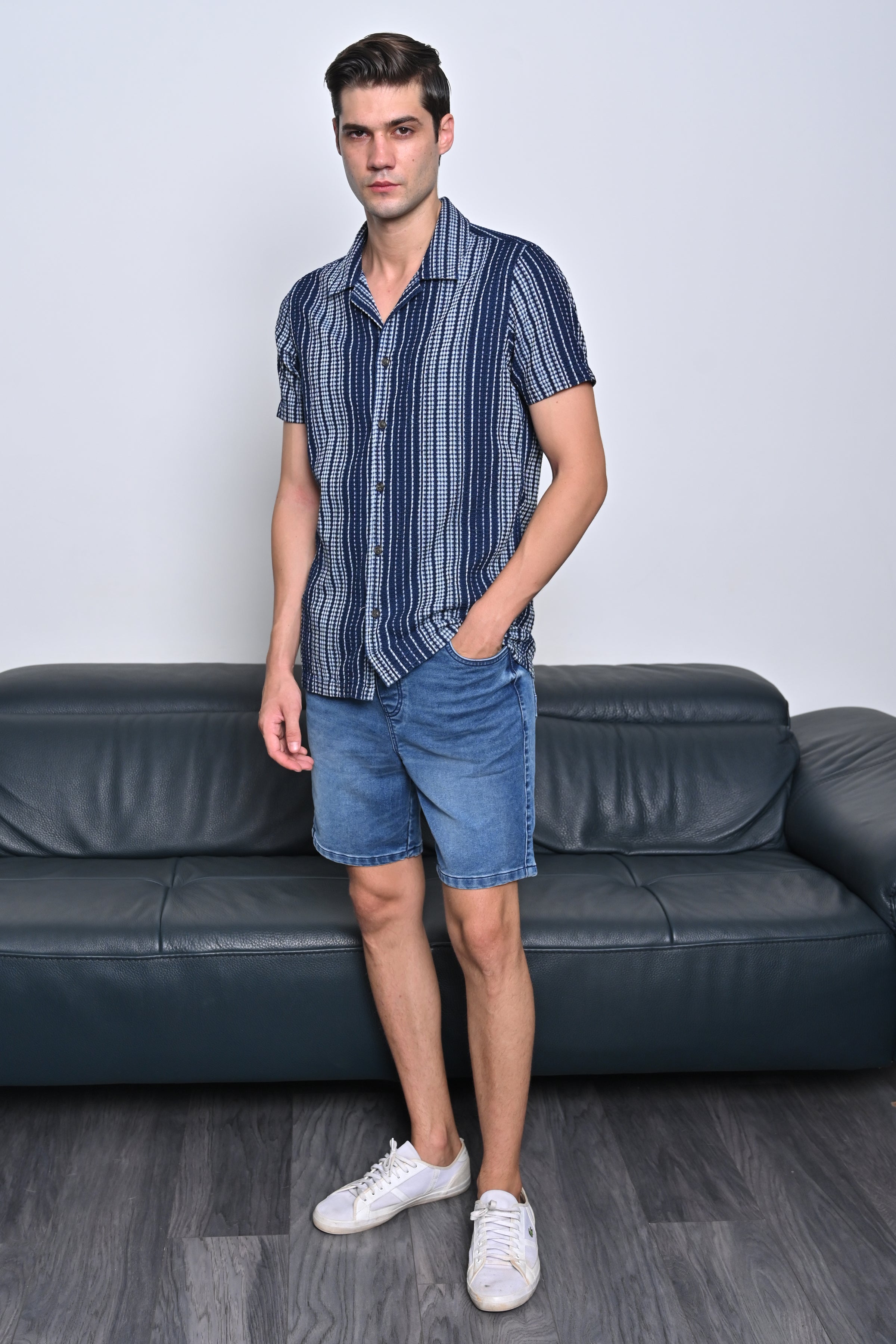 Men Waffle Dobby Indigo Striped Shirt