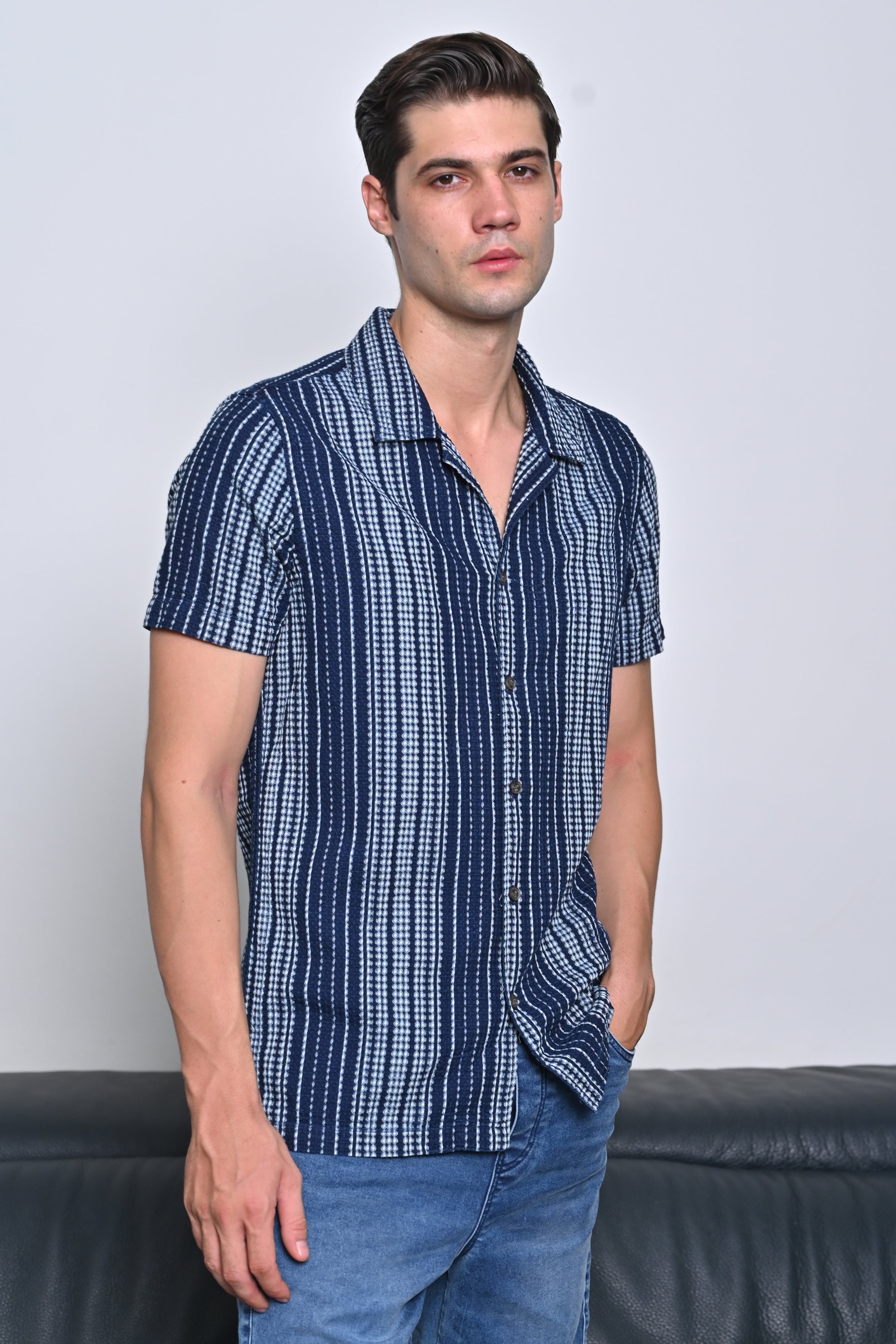Men Waffle Dobby Indigo Striped Shirt